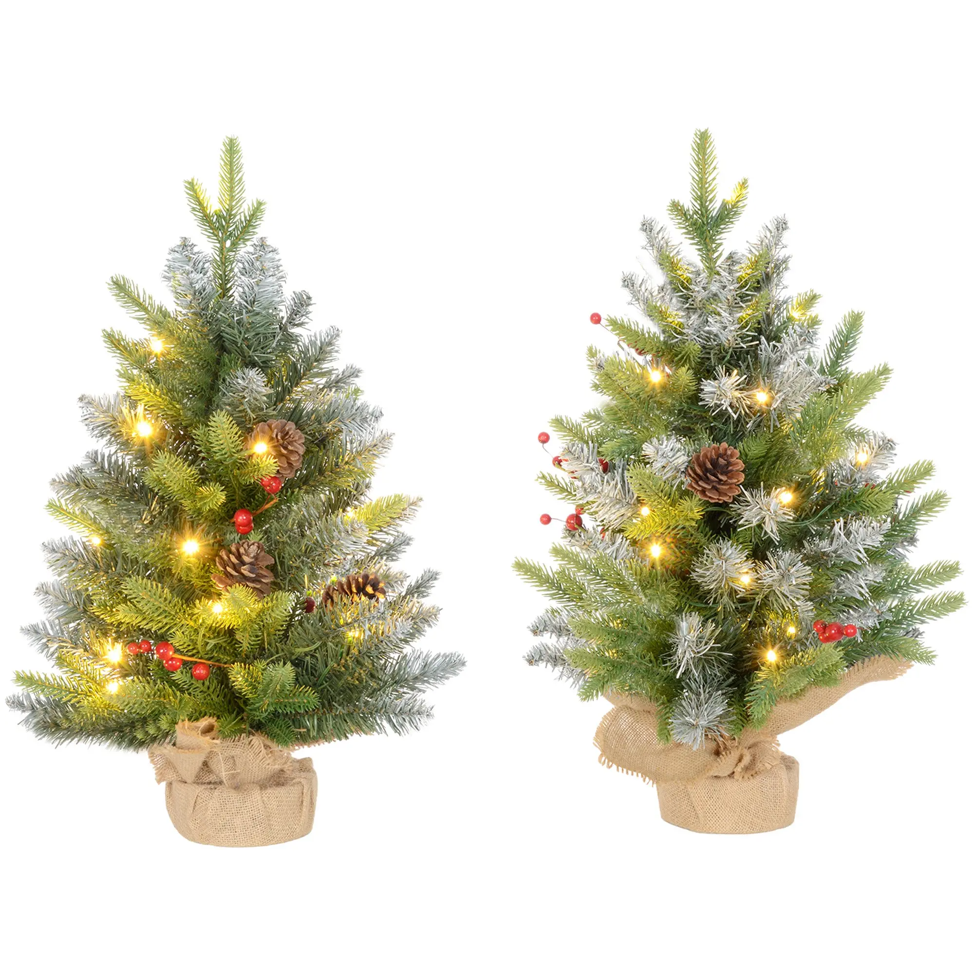 Set of 2 Pre-Lit 2ft Faux Christmas Trees in Green with 20 Warm Lights