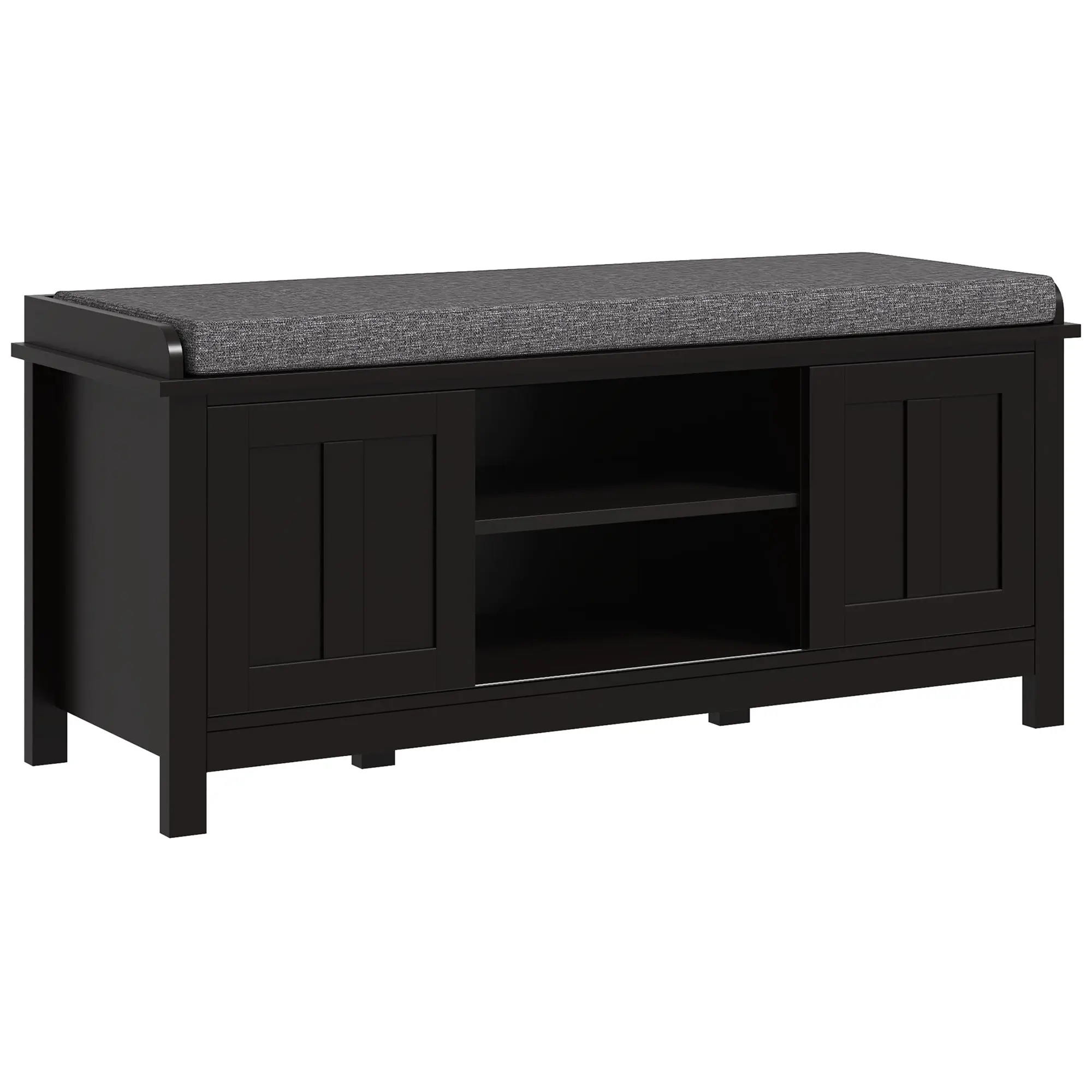 Modern Shoe Storage Bench with Cushion & 2 Sliding Doors, Holds 10 Pairs, Black