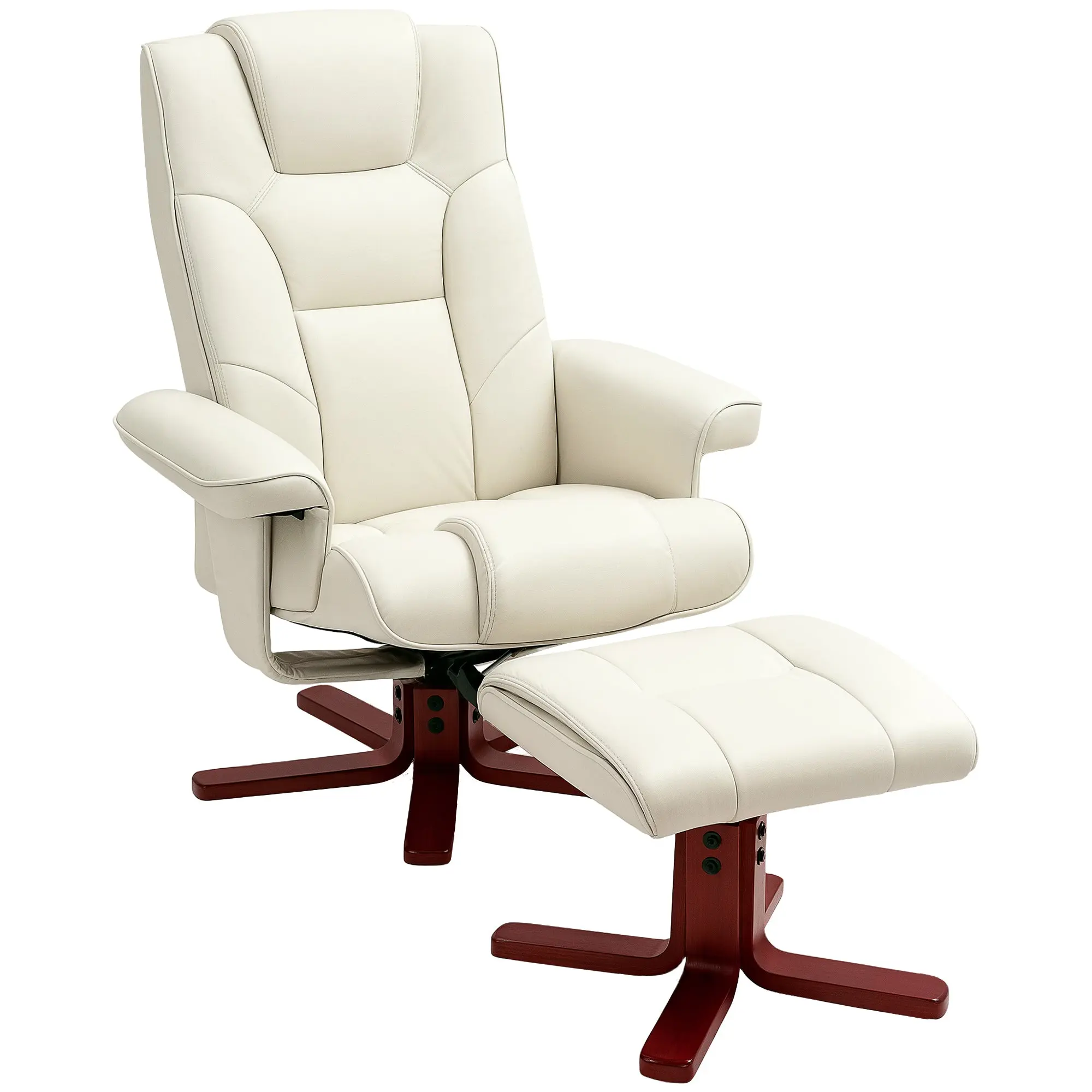 Cream White PU Leather Manual Recliner Chair with Footstool & Wooden Base for Living Room or Bedroom