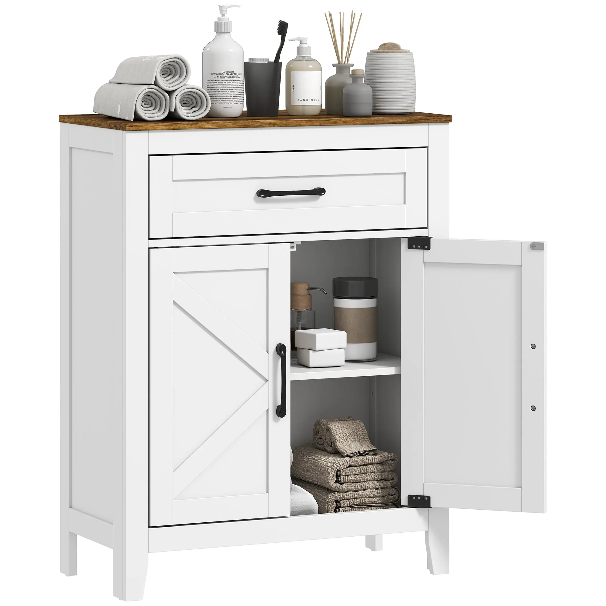 Farmhouse Bathroom Cabinet with Barn Doors, Drawer and Adjustable Shelf, White