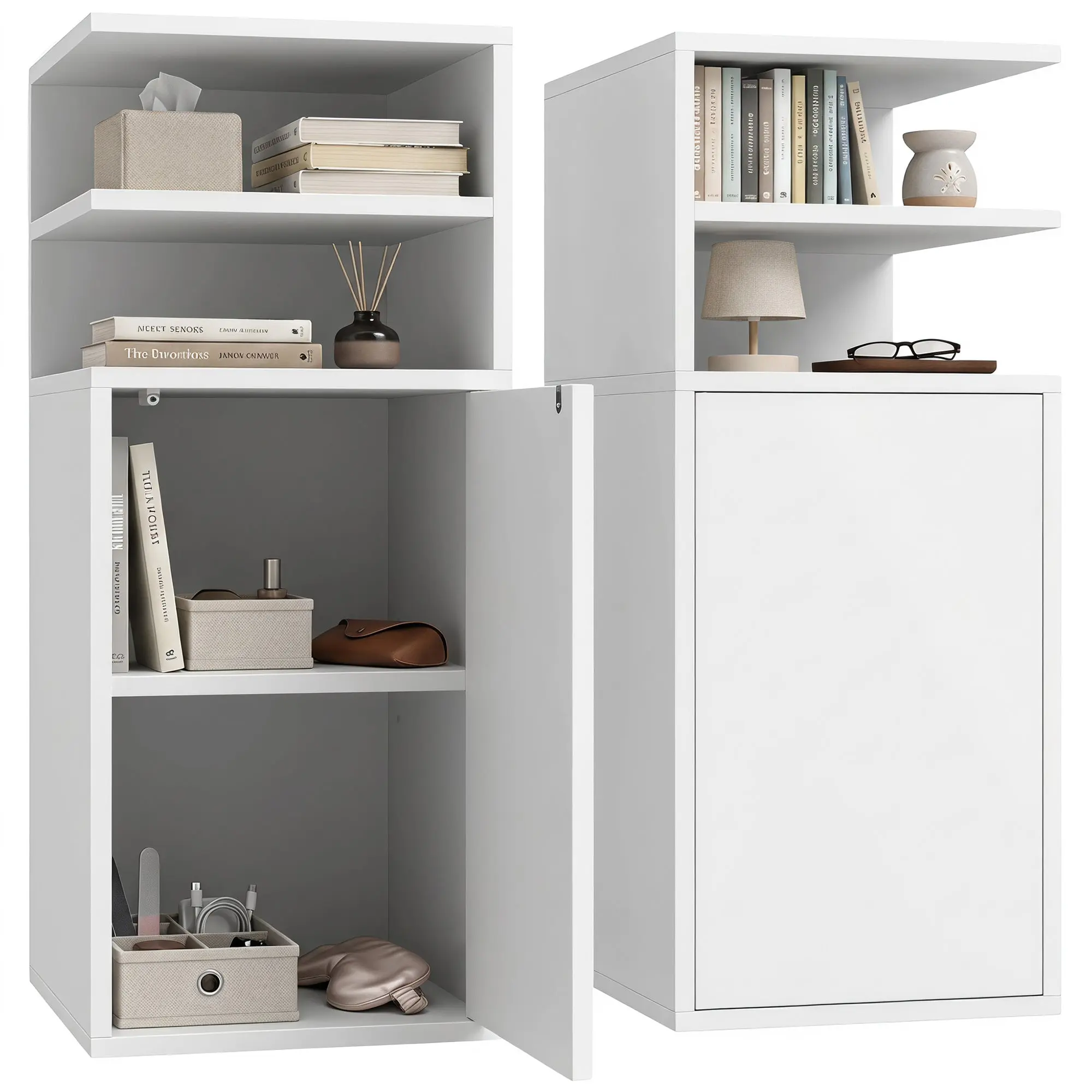 Slim Bedside Table Set of 2 with Open Cubbies & Cupboard – 30 x 25 x 60 cm, White