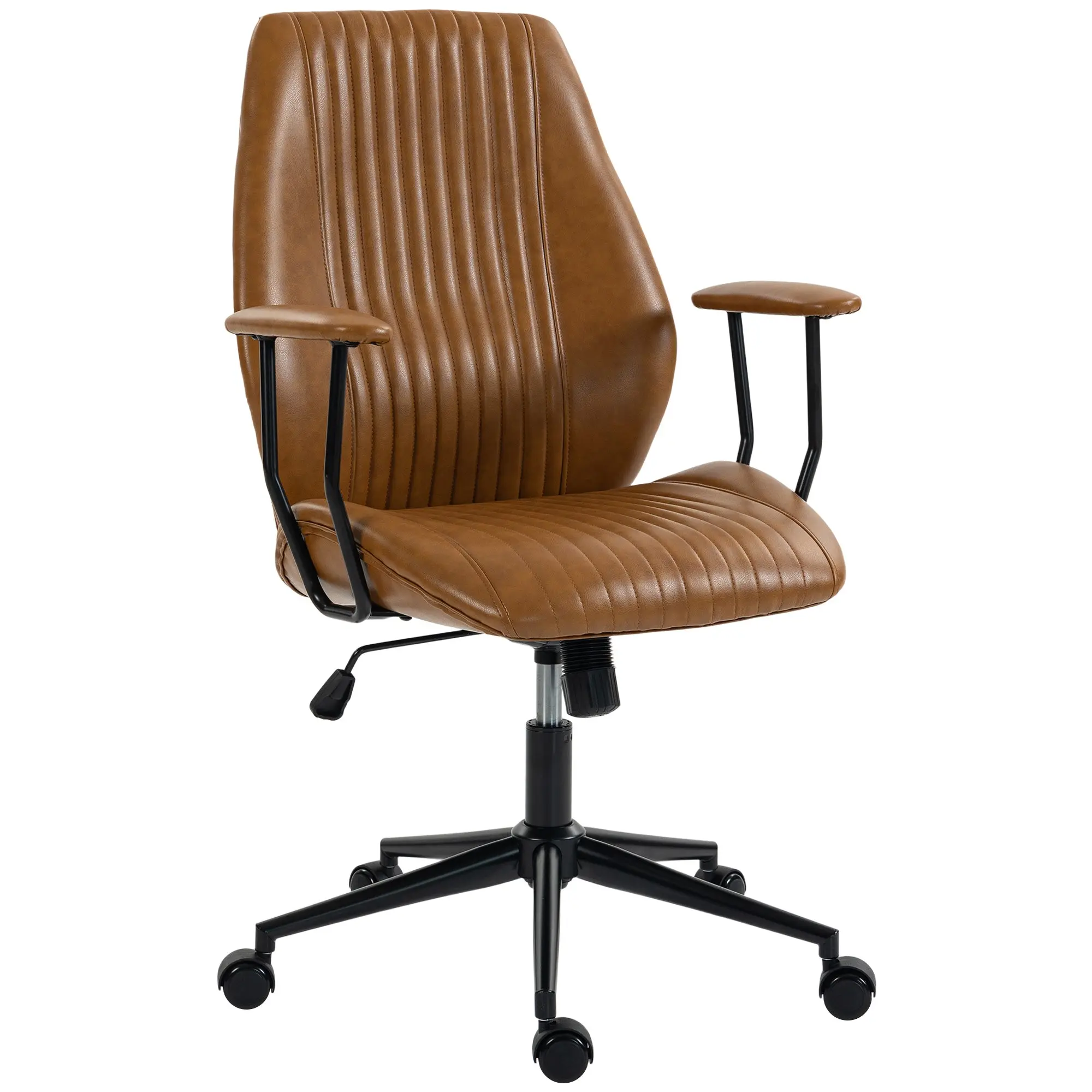 Mid-Back PU Leather Office Chair with Padded Arms, 360° Swivel & Tilt, Brown
