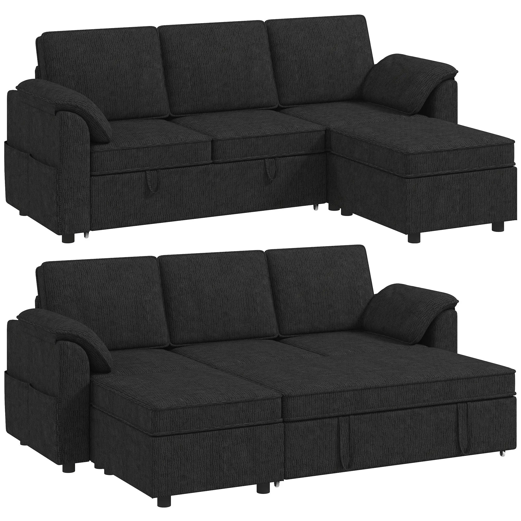 L-Shaped Sleeper Sofa with Reversible Pull-Out Bed, Storage Ottoman, Black