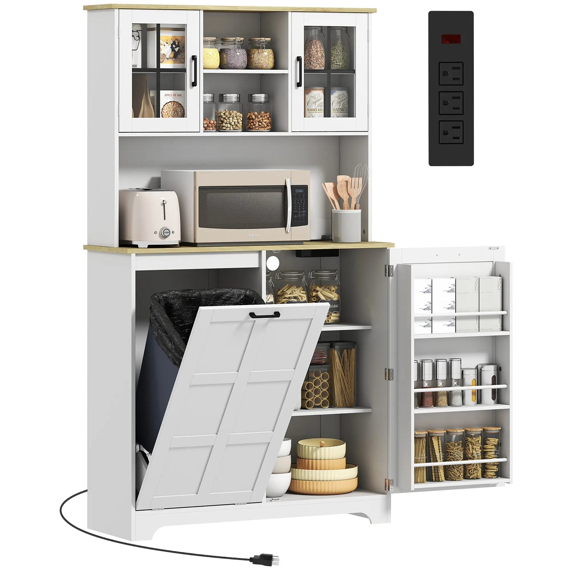175cm Tall Kitchen Cabinet with Charging Station & 26.5L Rubbish Bin, 3 Door Shelves and 2 Acrylic Doors, White