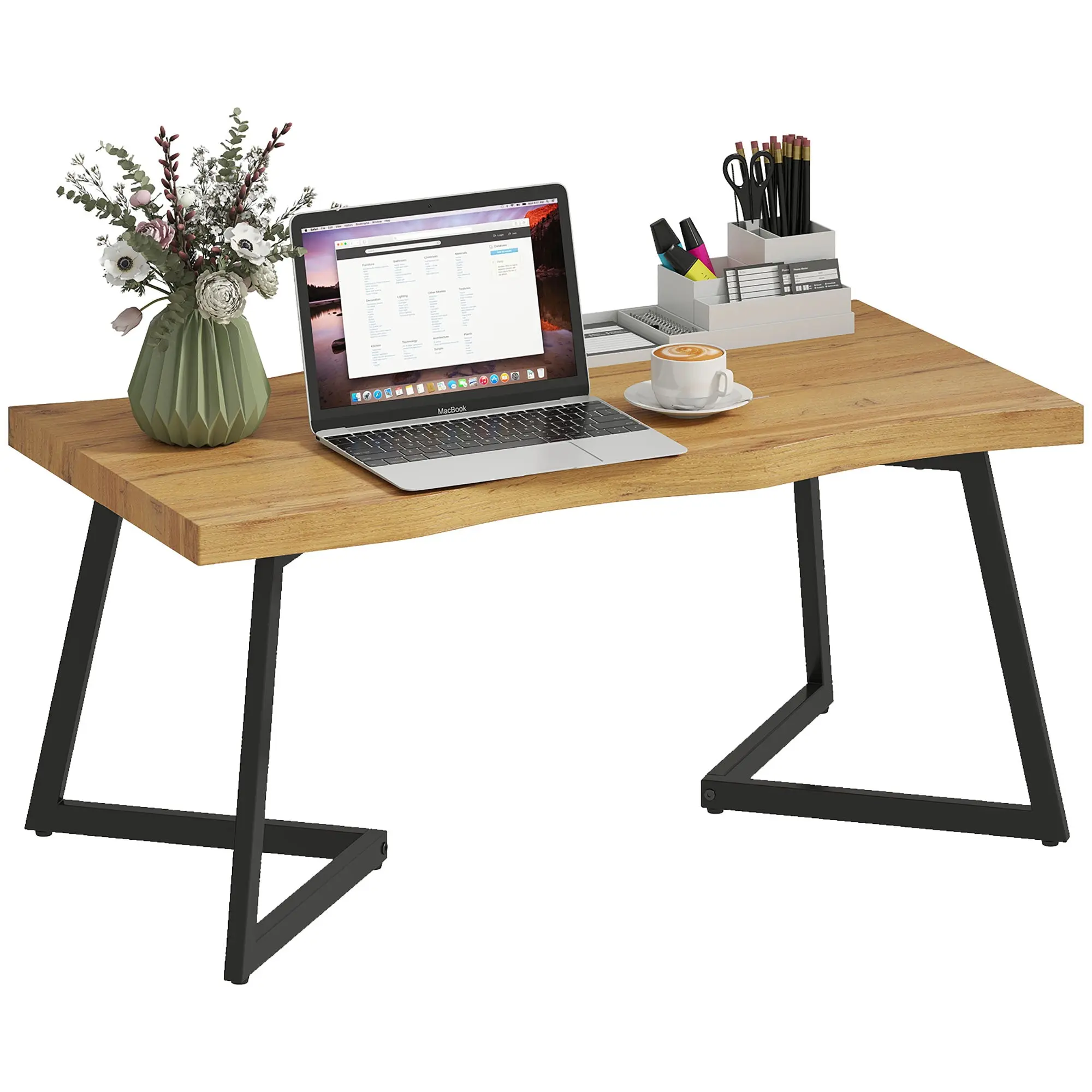 Modern Coffee Table with Curved Top and Metal Legs, 39.4" x 19.7" x 17.7", Oak