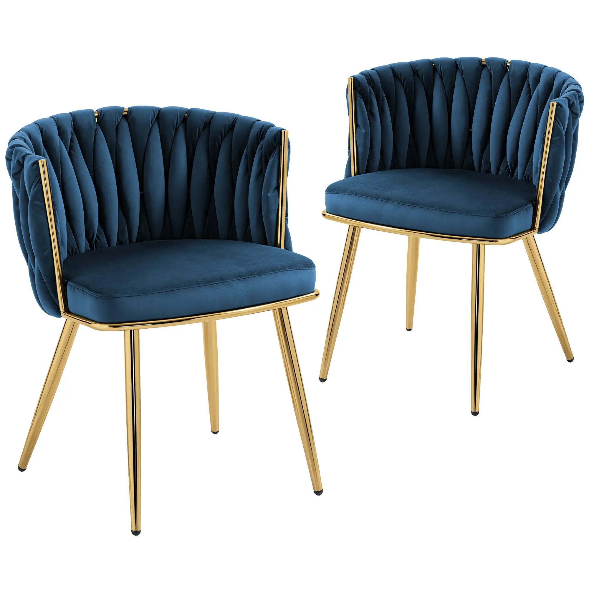 Velvet-Feel Dining Chairs Set of 2 with Woven Backrest and Armrests, Dark Blue