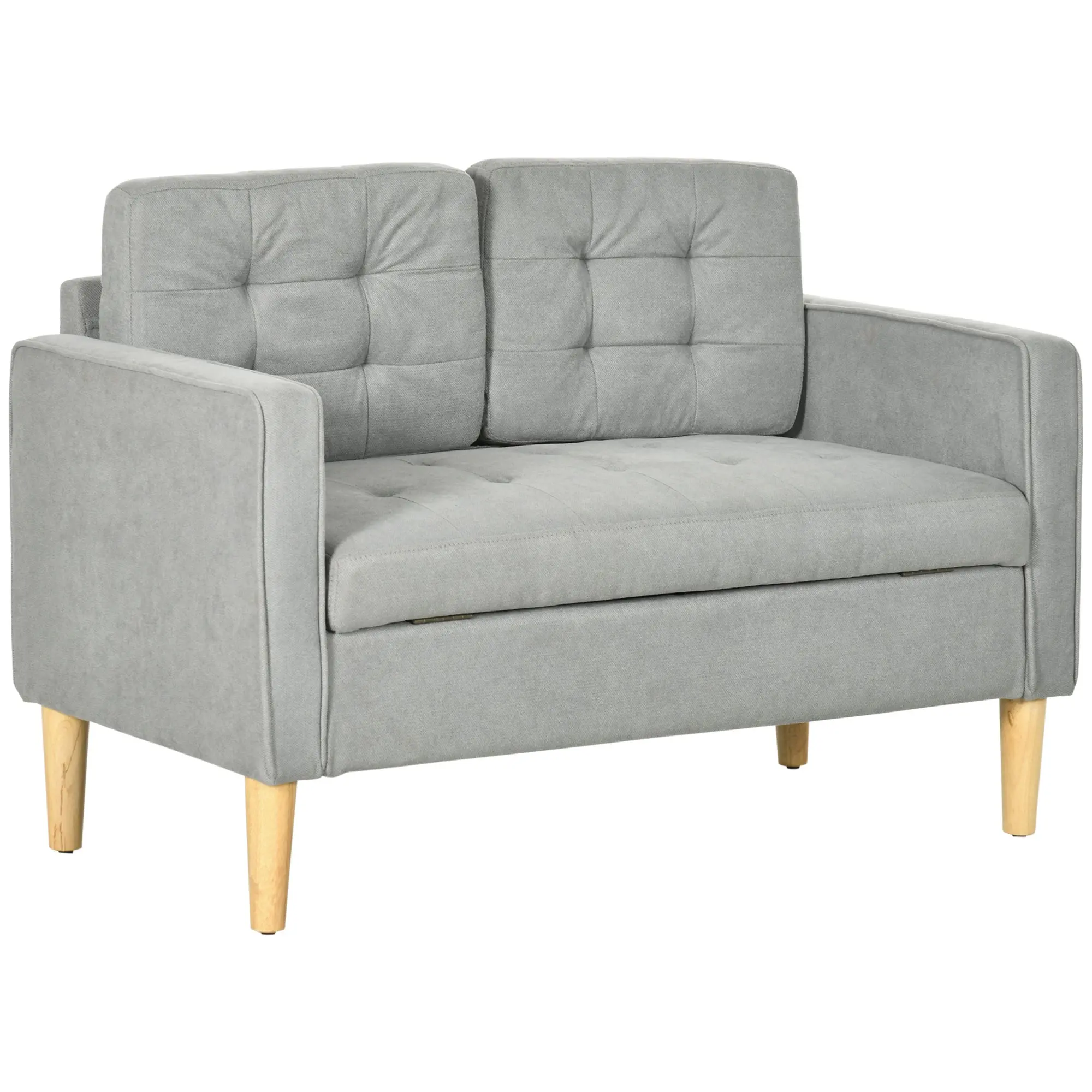 Modern 2 Seater Sofa with Hidden Storage, Tufted Compact Loveseat, Light Grey