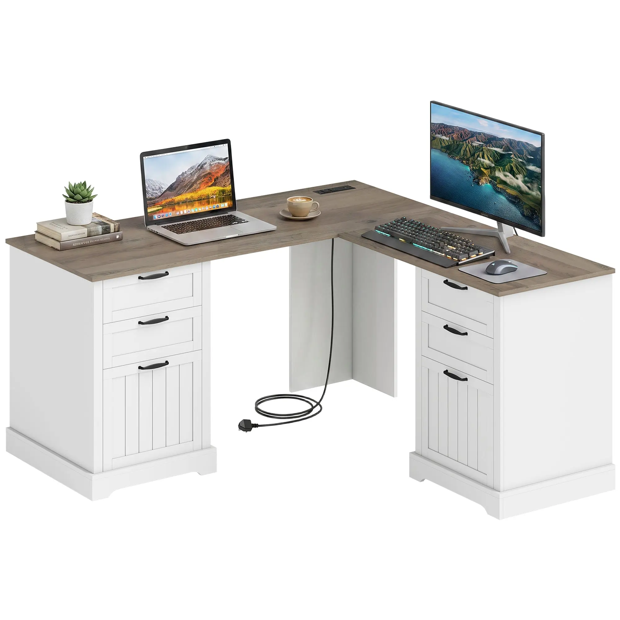 L-Shaped Corner Desk with Power Outlets & USB Charging 6 Drawers Brown and White