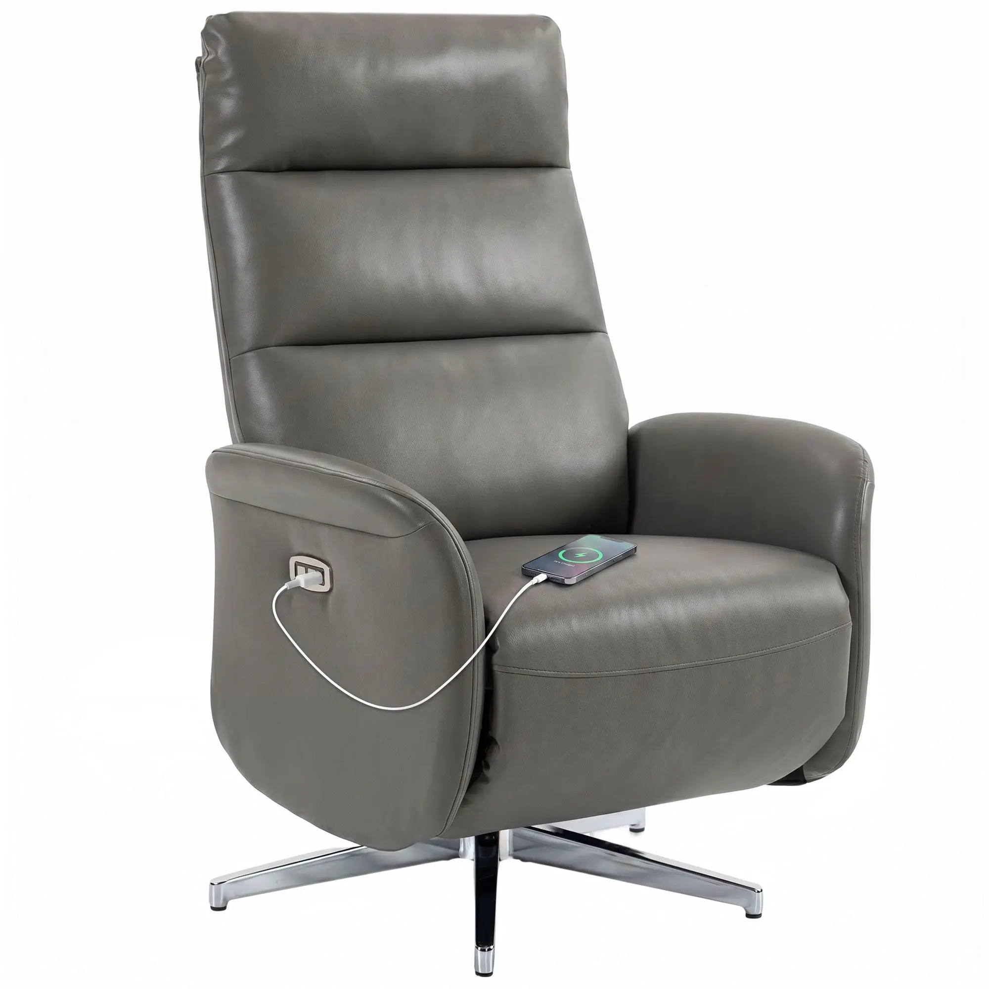 Electric Recliner Armchair with Swivel Base & Adjustable Leg Rest, 160° Recline, Type-C + USB Ports, Dark Grey