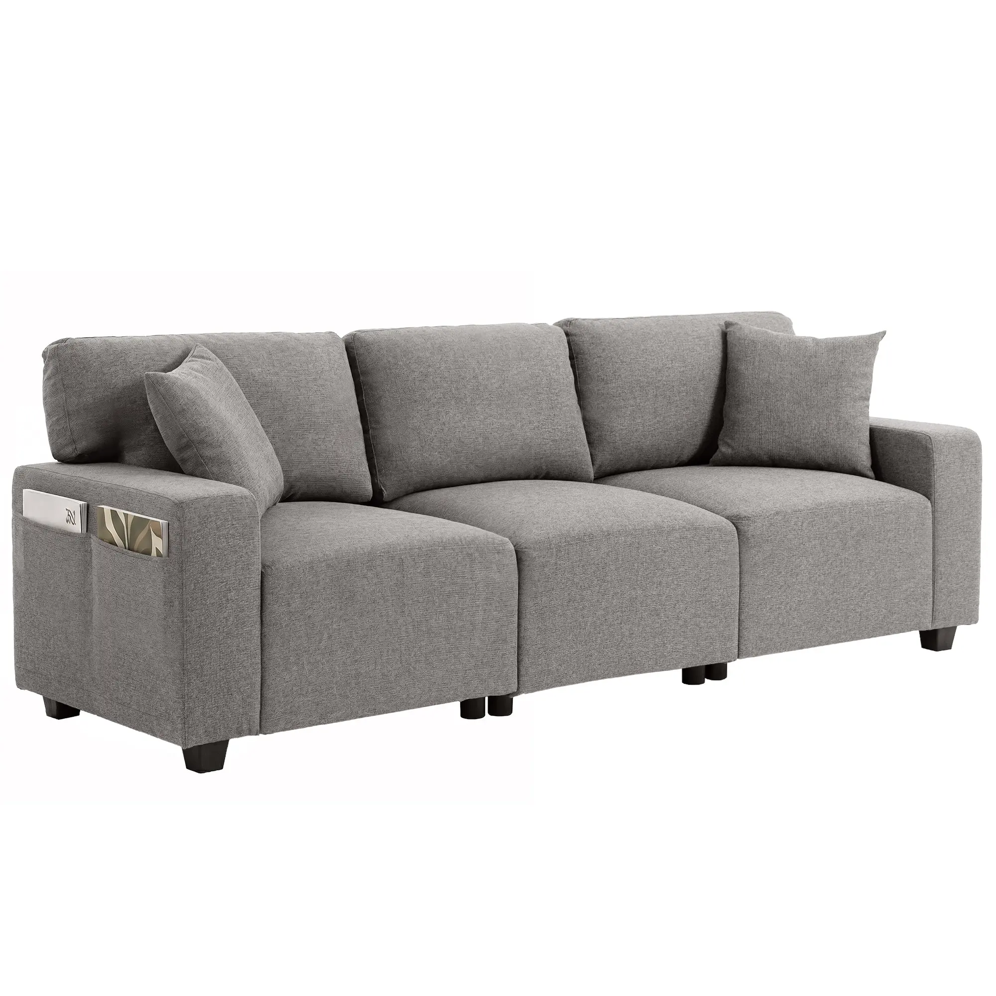 3 Seater Sofa in Grey with Linen-Look Upholstery, Storage Pockets & 2 Pillows