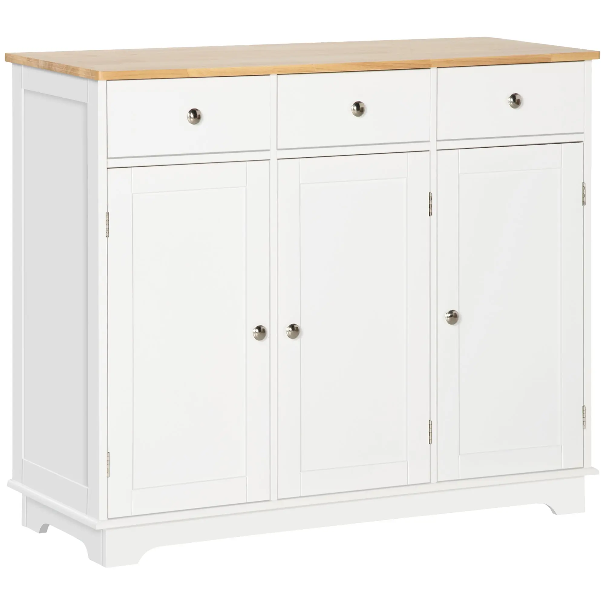 Modern Sideboard w/ Rubberwood Top, Storage Cabinets, Drawers & Adjustable Shelves, White