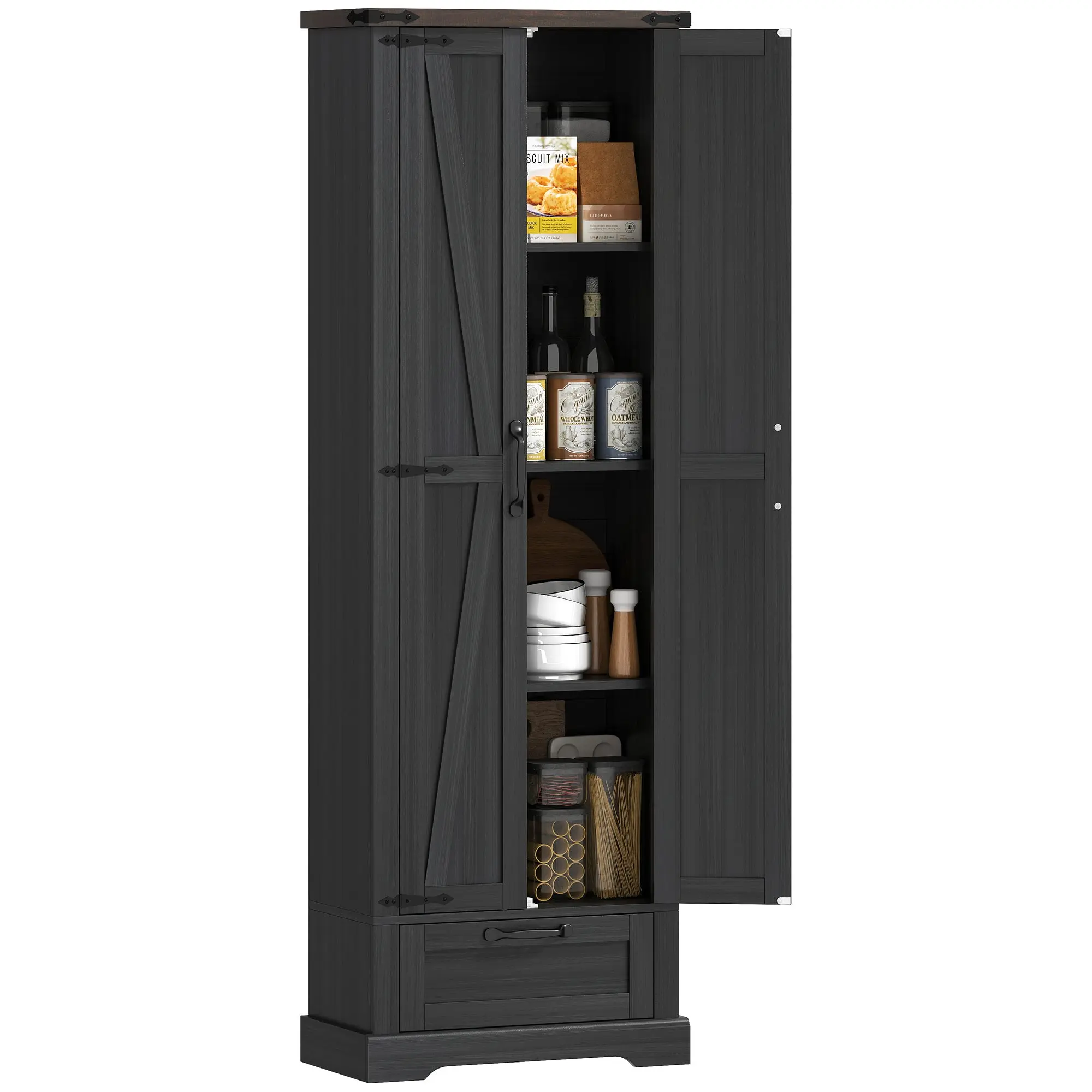 71" Tall Kitchen Pantry with Barn Doors, Drawer and Adjustable Shelves, Black