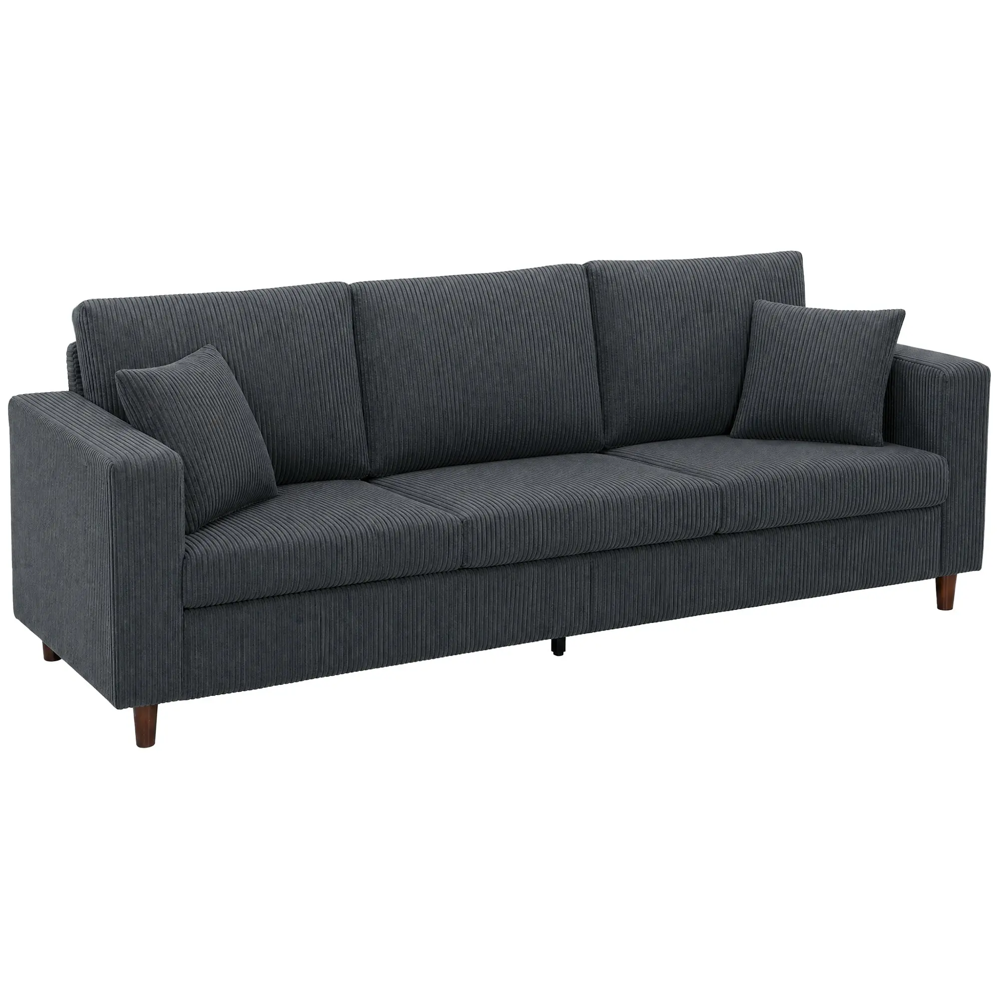 99" Corduroy 3-Seater Sofa with Deep Seat, Spring Cushion, Wood Legs, Dark Grey