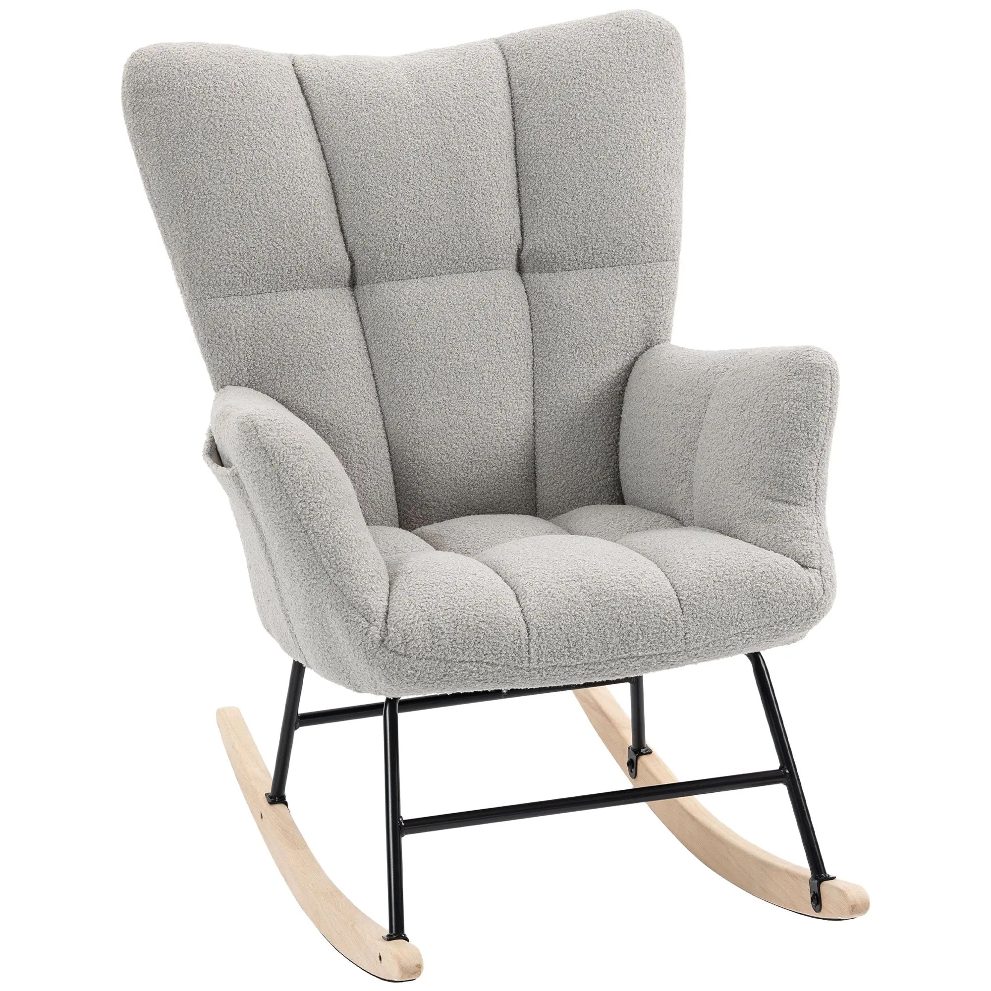 Teddy Fleece Rocking Chair with Tufted Wingback & Side Pockets, Rubber Wood Legs, Light Grey
