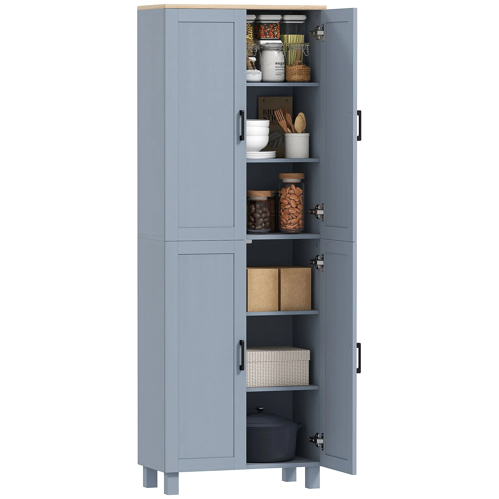 Freestanding 4-Door Kitchen Cupboard with Adjustable Shelves, 170cm, Grey Wood