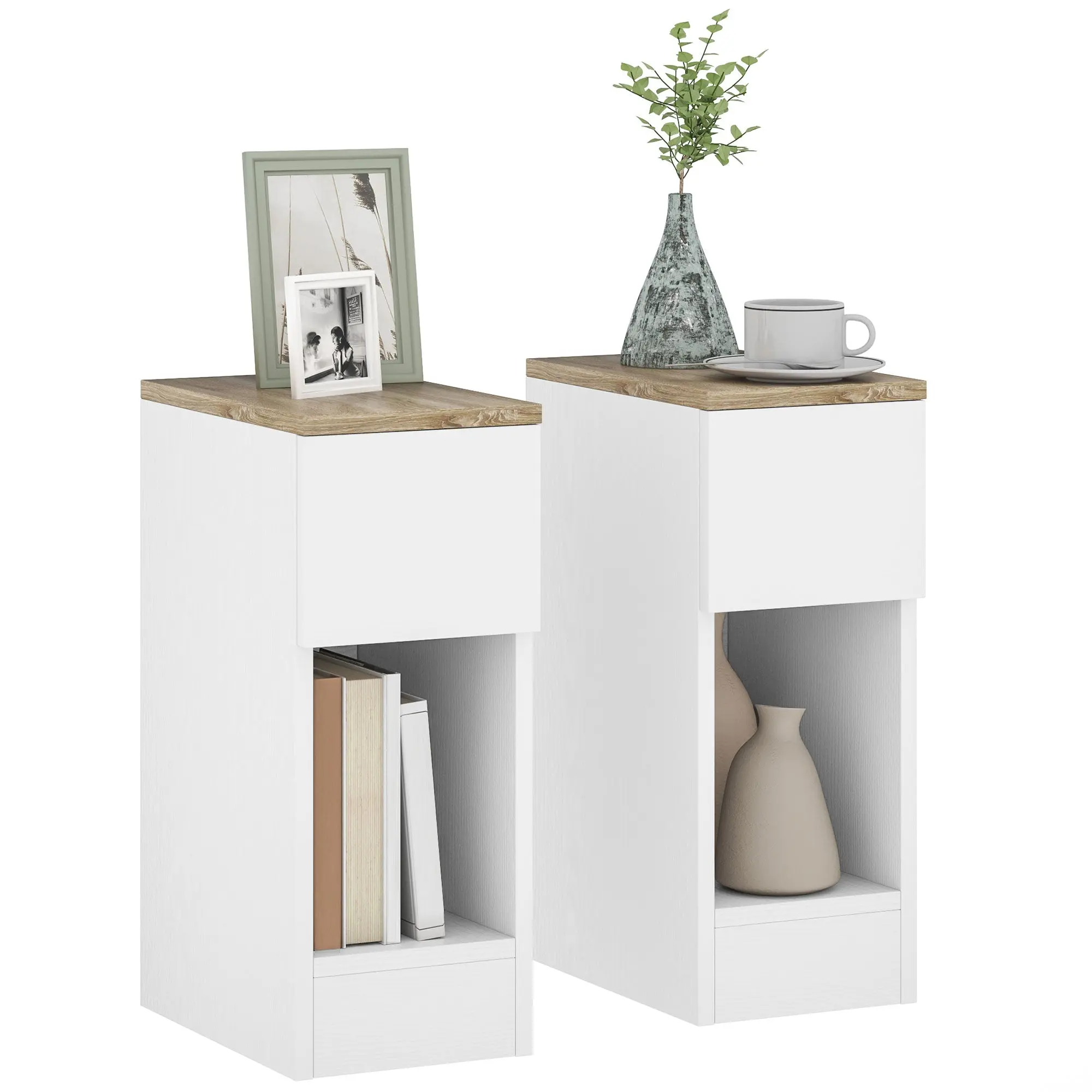 Modern Bedside Tables Set of 2 with Drawer & Shelf, White Nightstands for Bedroom or Living Room
