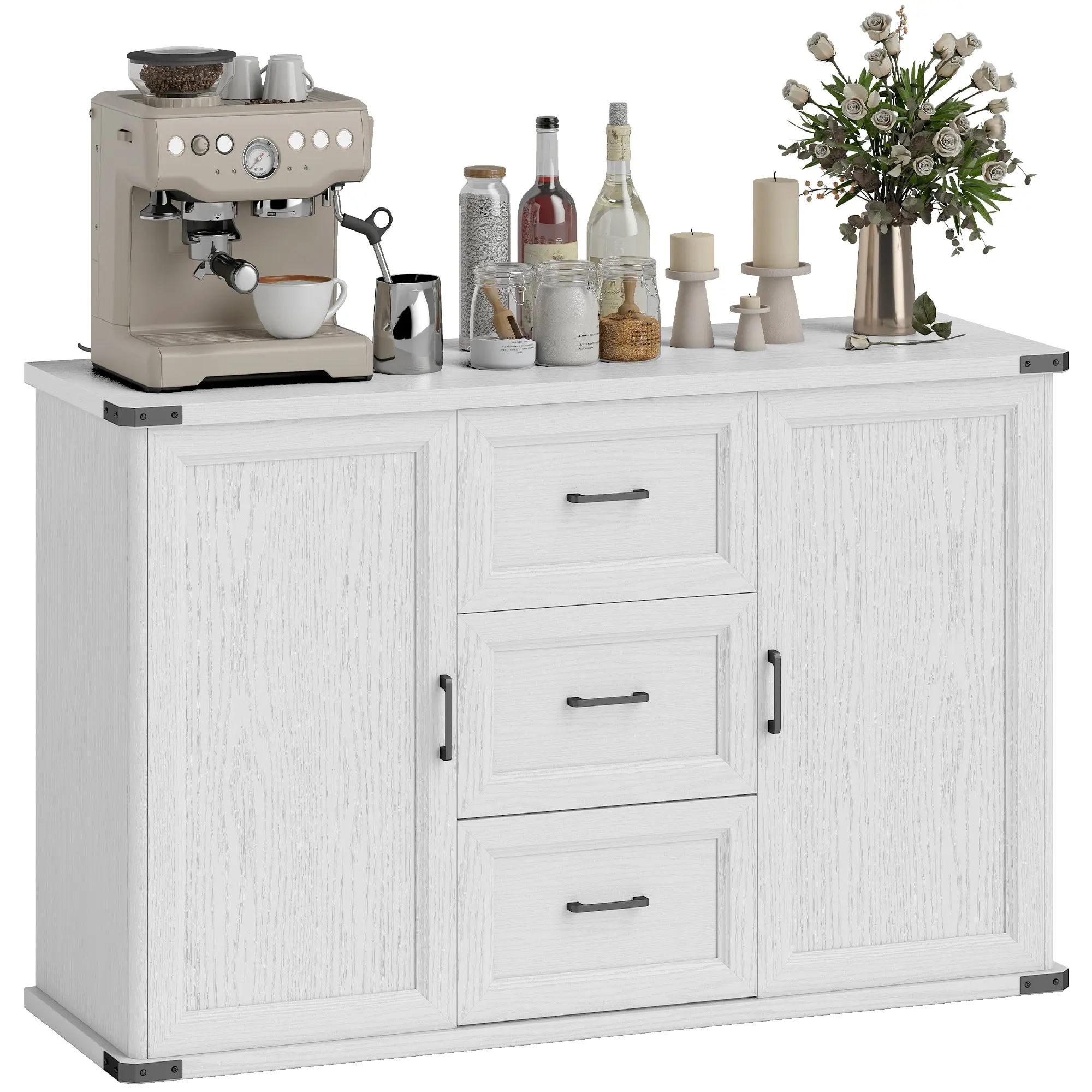 Modern Sideboard Buffet Cabinet with 3 Drawers and 2 Doors, 47" Coffee Bar Cabinet, White Wood Grain