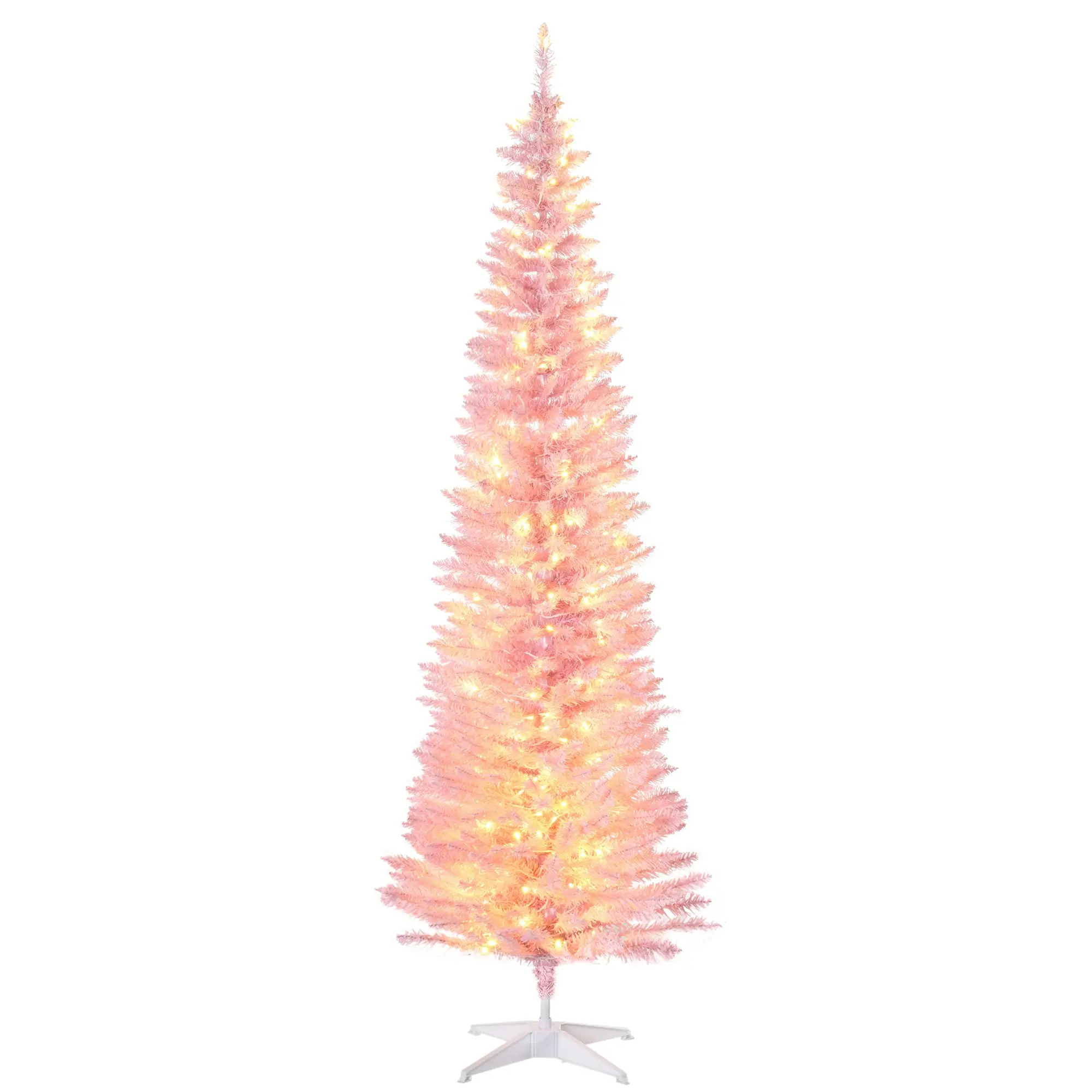 7 ft Noble Fir Slim Artificial Christmas Tree with 499 Tips and 200 Warm White LED Lights, Pink