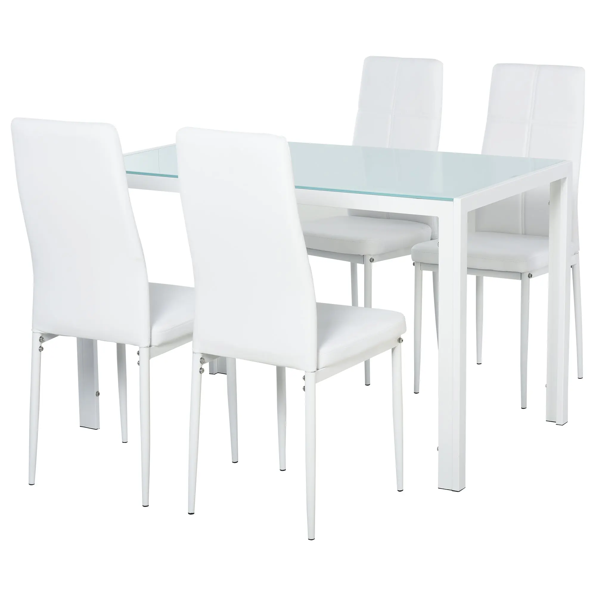 5-Piece Rectangular Glass Kitchen Table and 4 Faux Leather Chairs, White