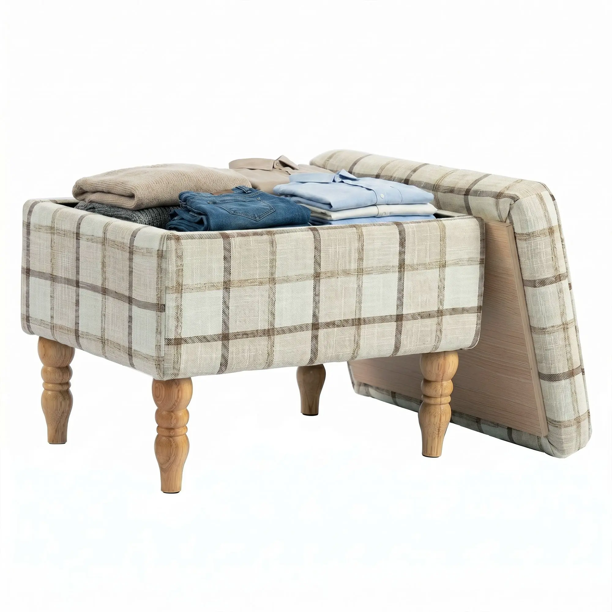Rectangular Storage Stool with Removable Top & Hidden Compartment, Linen-Look Upholstered Footstool for Living Room or Bedroom, Brown