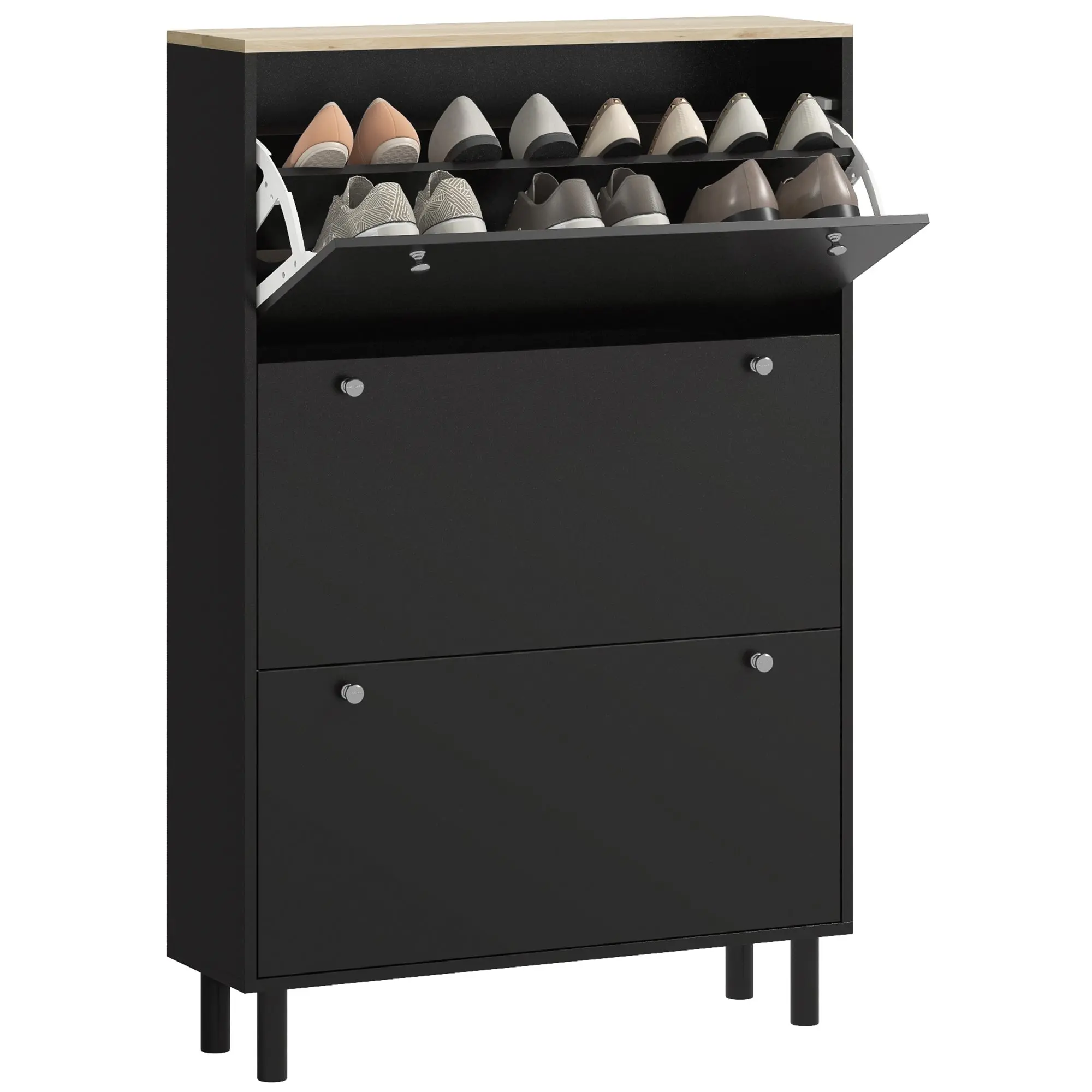 Narrow Shoe Storage Cabinet with 3 Flip Drawers & Adjustable Shelves for 24 Pairs, Black