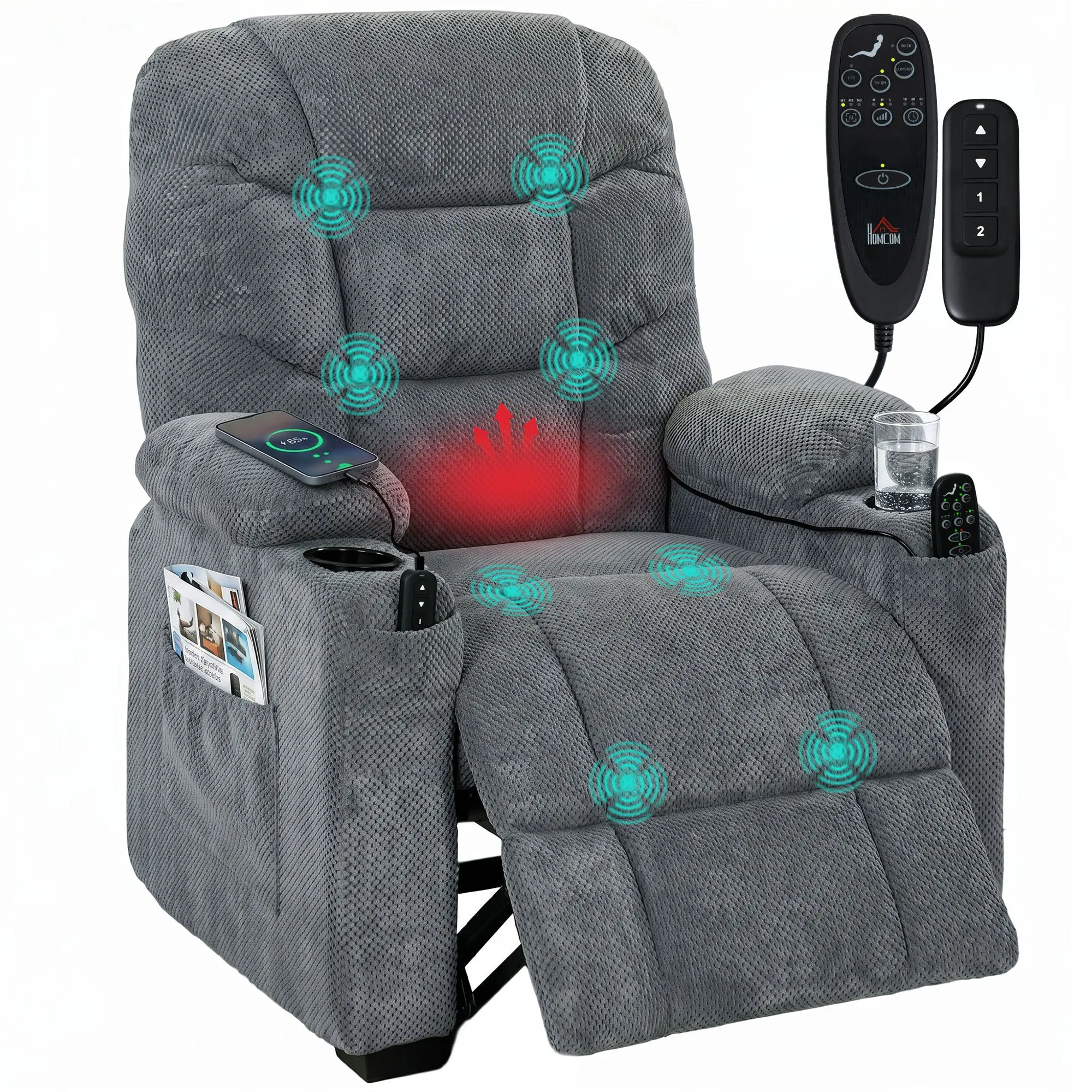 Power Recliner with Vibration Massage, Heat & Memory, USB, Dark Grey