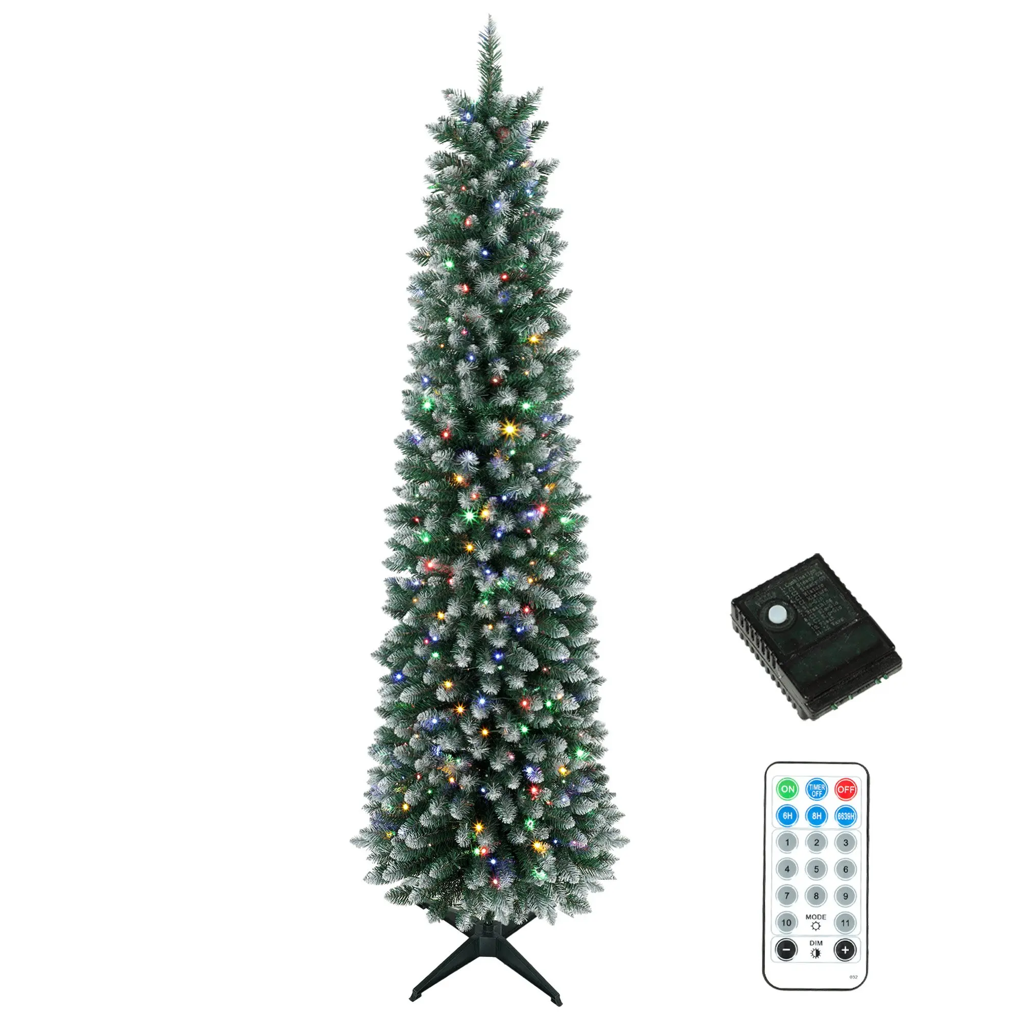 8ft Pencil Prelit Slim Christmas Tree with Dual-Color LEDs, Flocked, Remote and 11 Modes