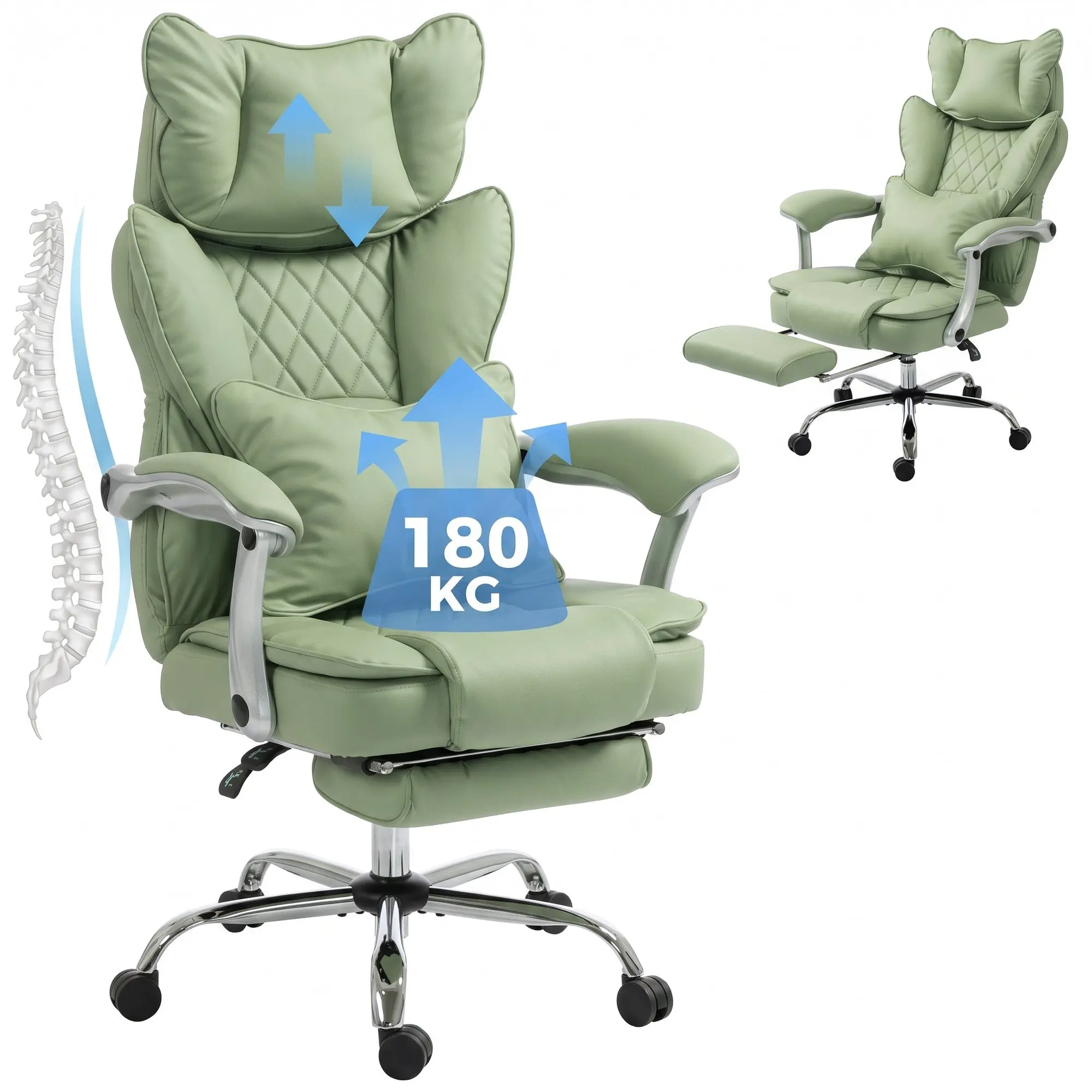 Big & Tall PU Office Chair 180kg Capacity, Recline & Lumbar Support, Light Green