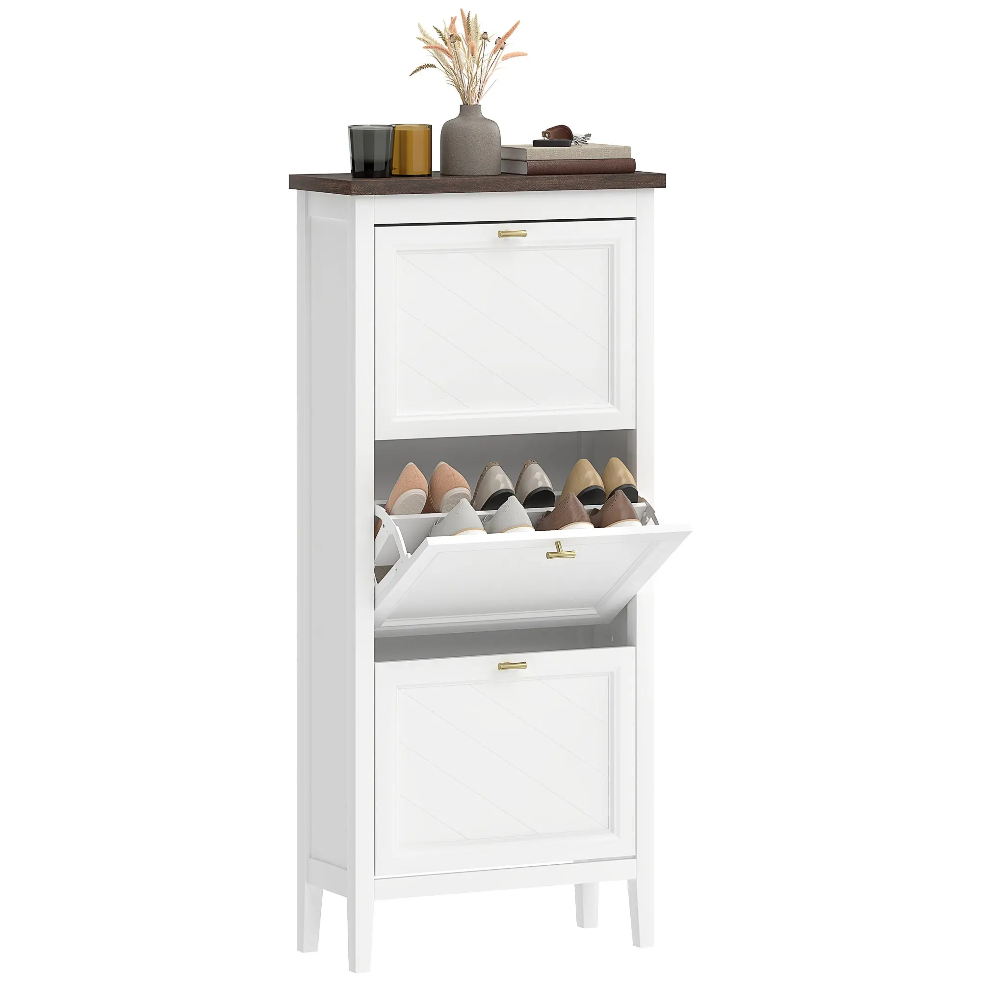 Narrow Shoe Cabinet with 3 Flip Drawers, Shelves, Holds 12-18 Pairs, White