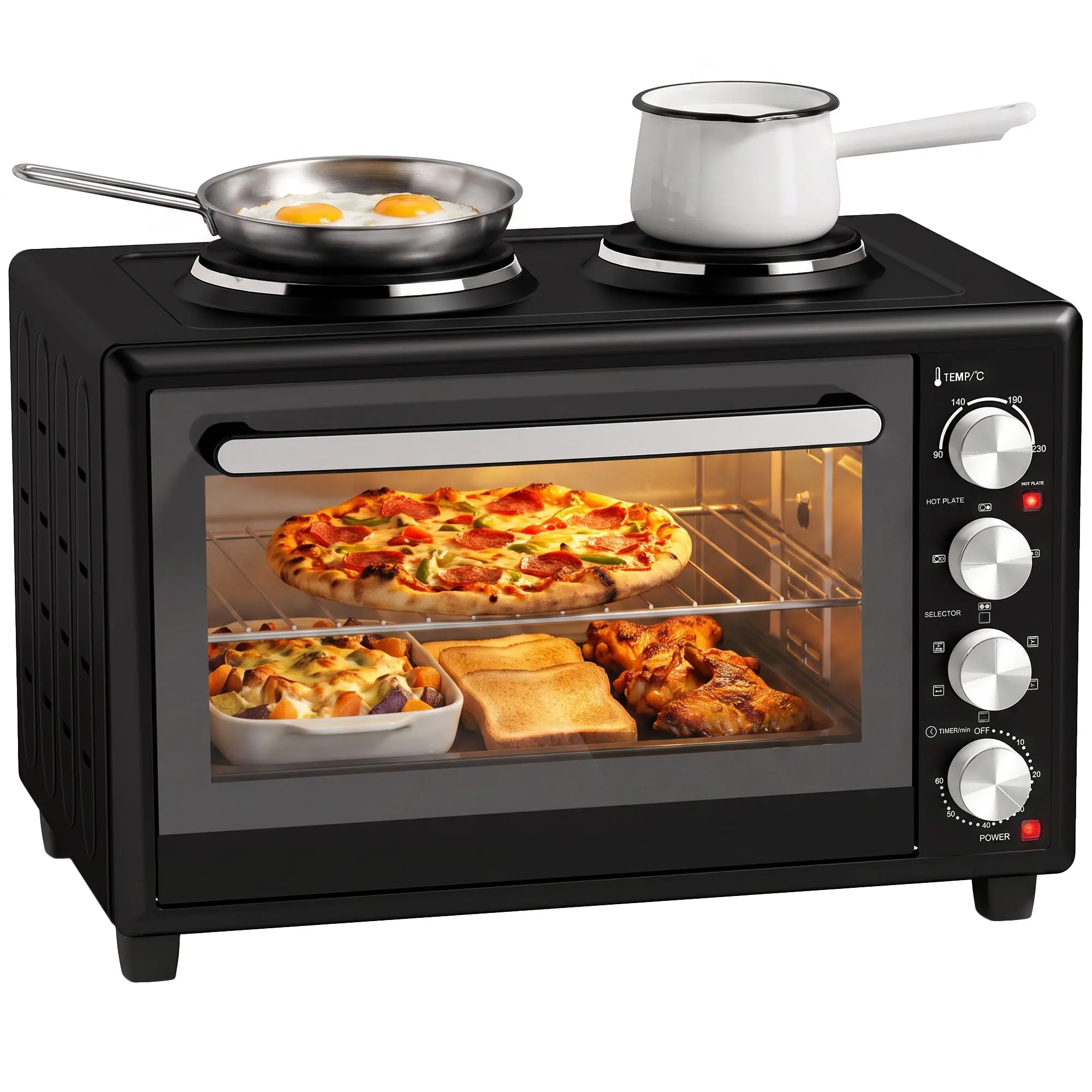 46L Mini Convection Oven with Dual Hot Plates, 90–230°C Adjustable, Black
