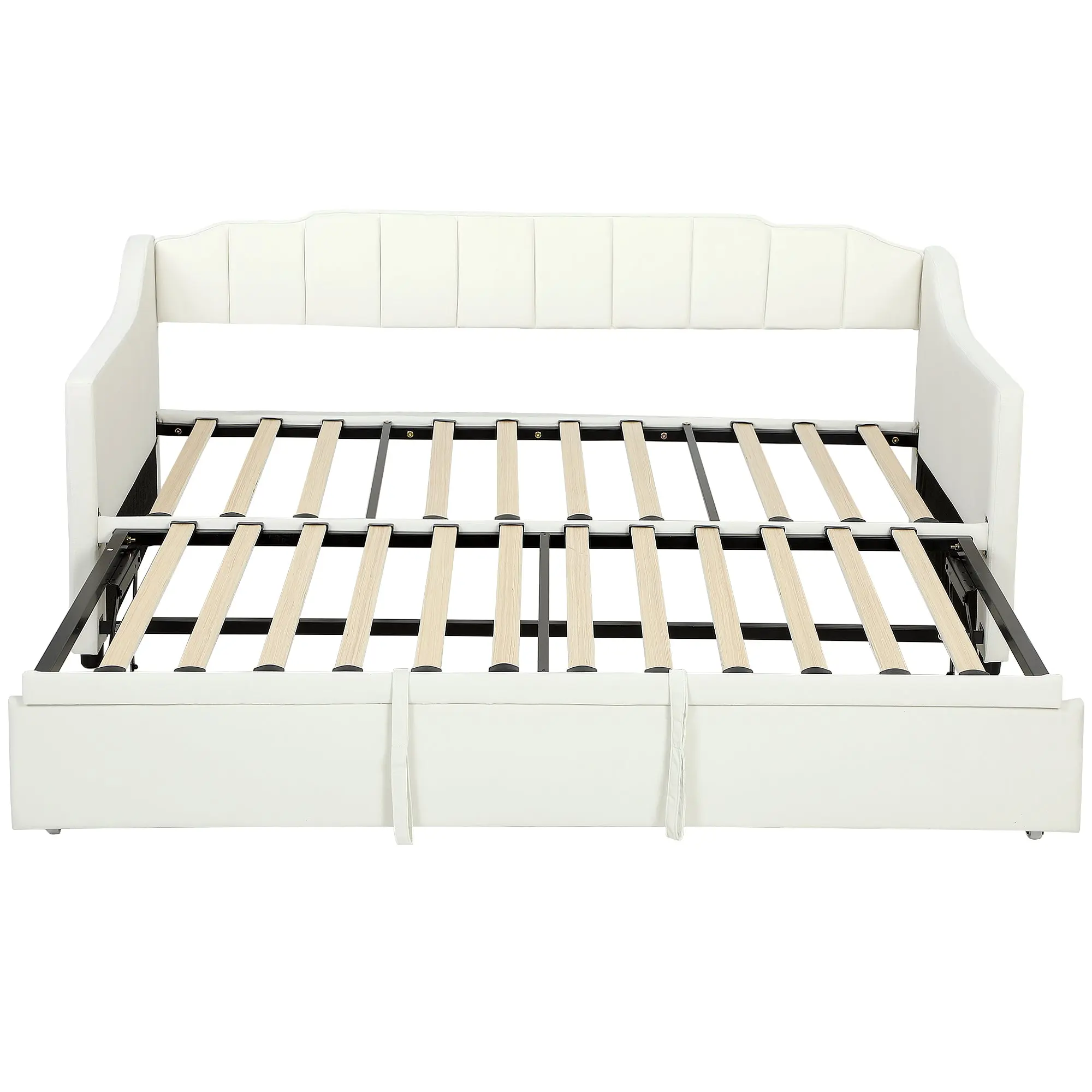 Upholstered Twin Daybed with Pop Up Trundle, Velvet Trundle Bed with Wood Slat Support, Cream White