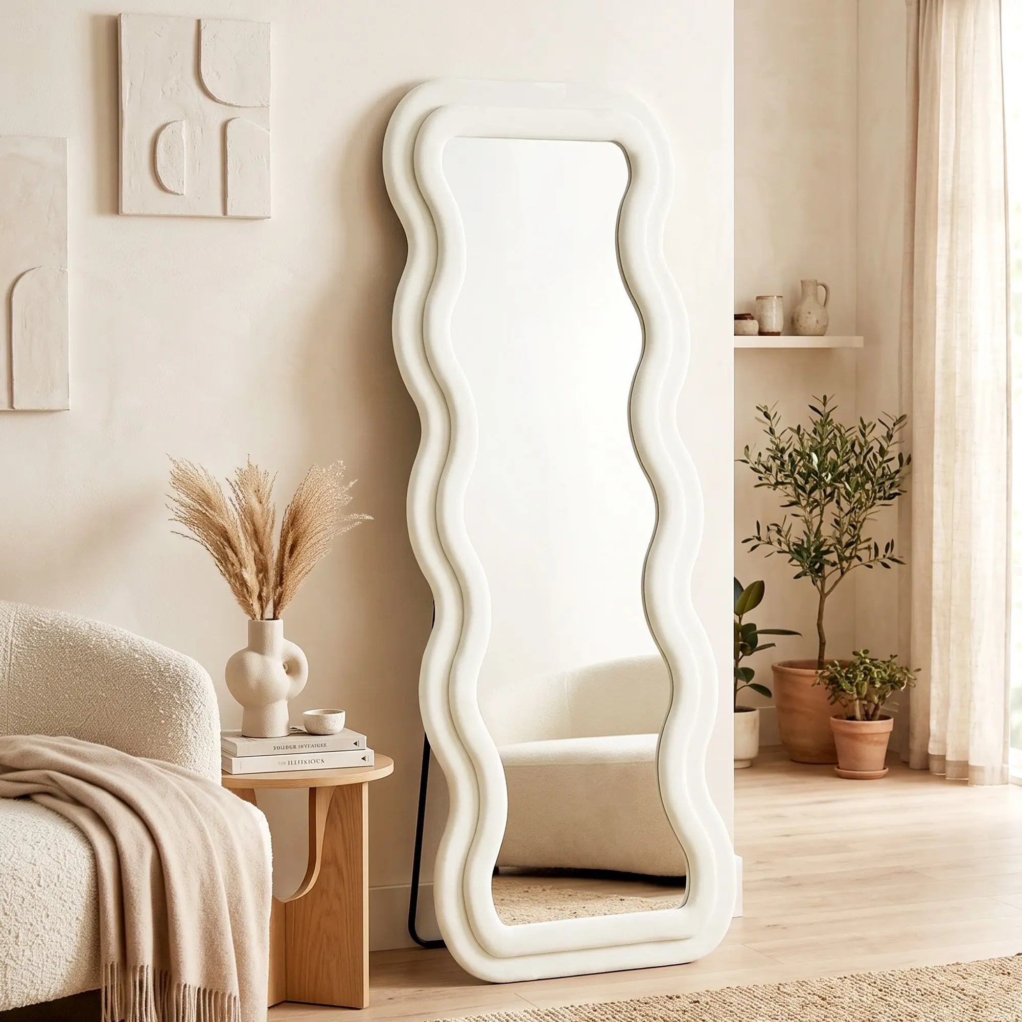 160 x 60 cm Wavy Full-Length Floor Mirror with Velvet Frame & HD Tempered Glass, Cream White