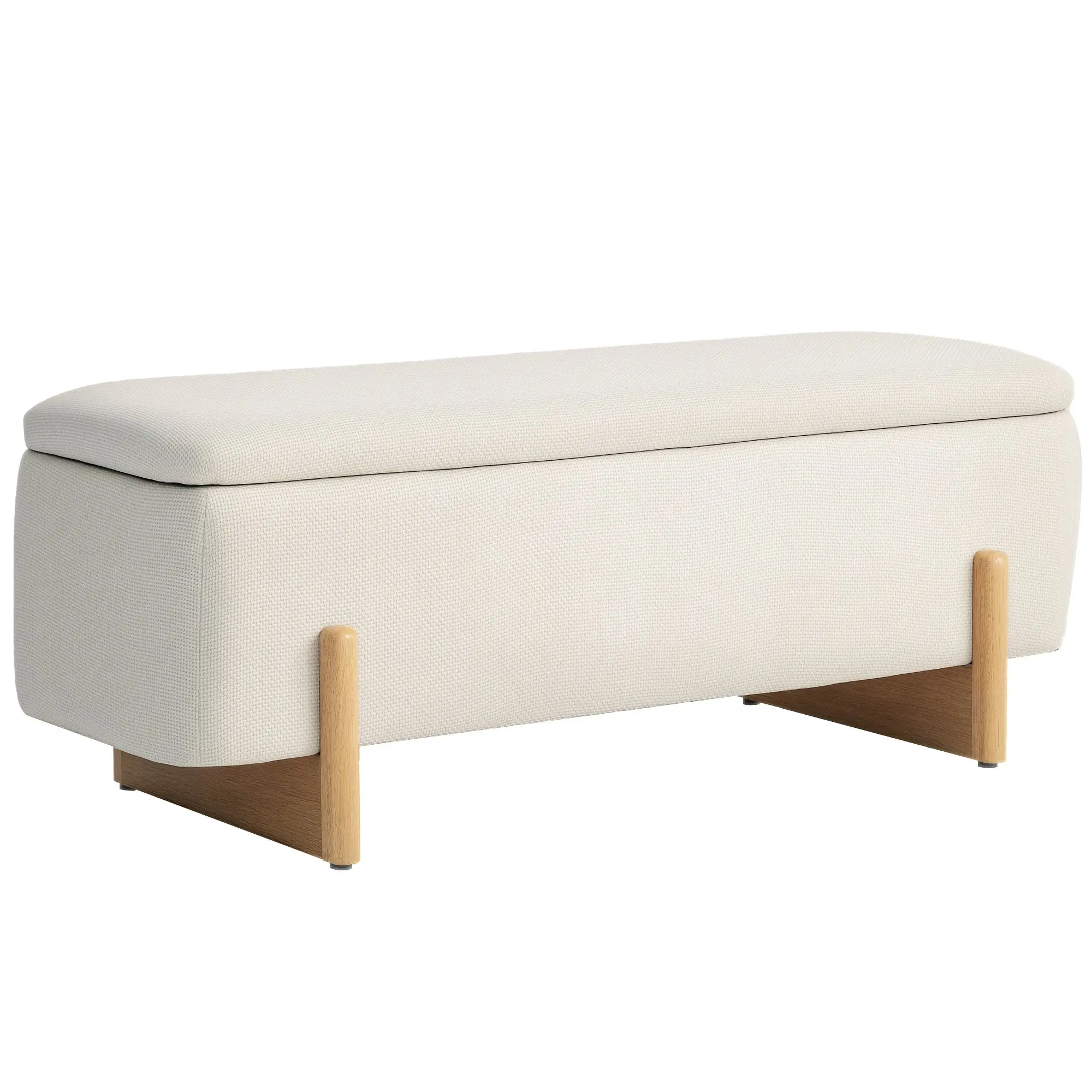 Linen-Look Storage Ottoman with Safety-Hinged Top, Wood Legs, Cream White