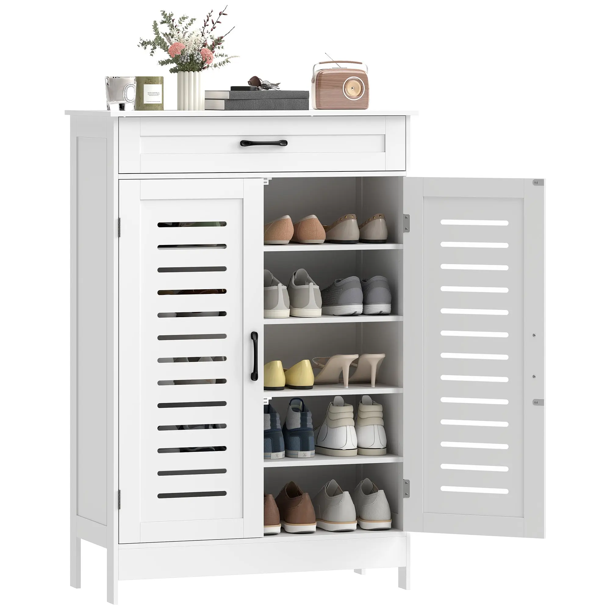 Shoe Cabinet with Louvered Doors, Drawer & Shelves, Holds 20 Pairs, White