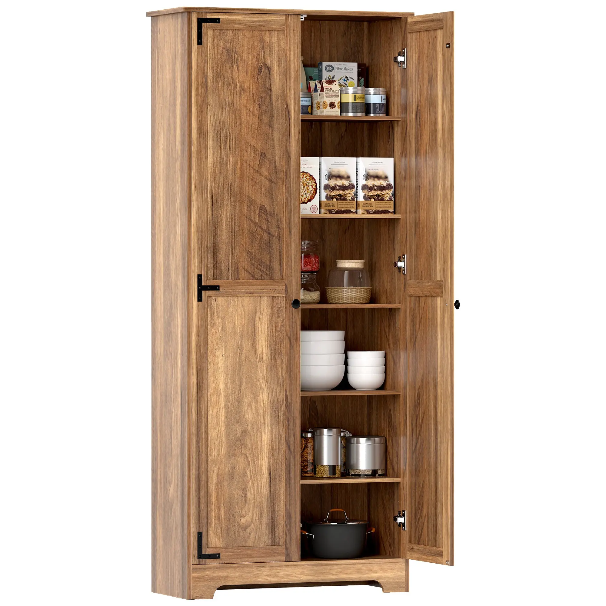 72" Farmhouse Freestanding Pantry Cabinet with Adjustable Shelves, Brown