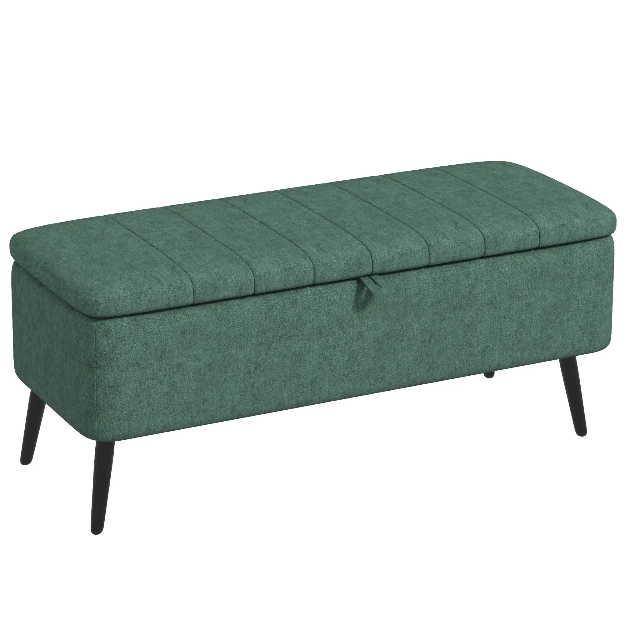 Rectangular Storage Ottoman with Flip Top & Steel Legs, Linen Fabric Footstool Bench, Dark Green