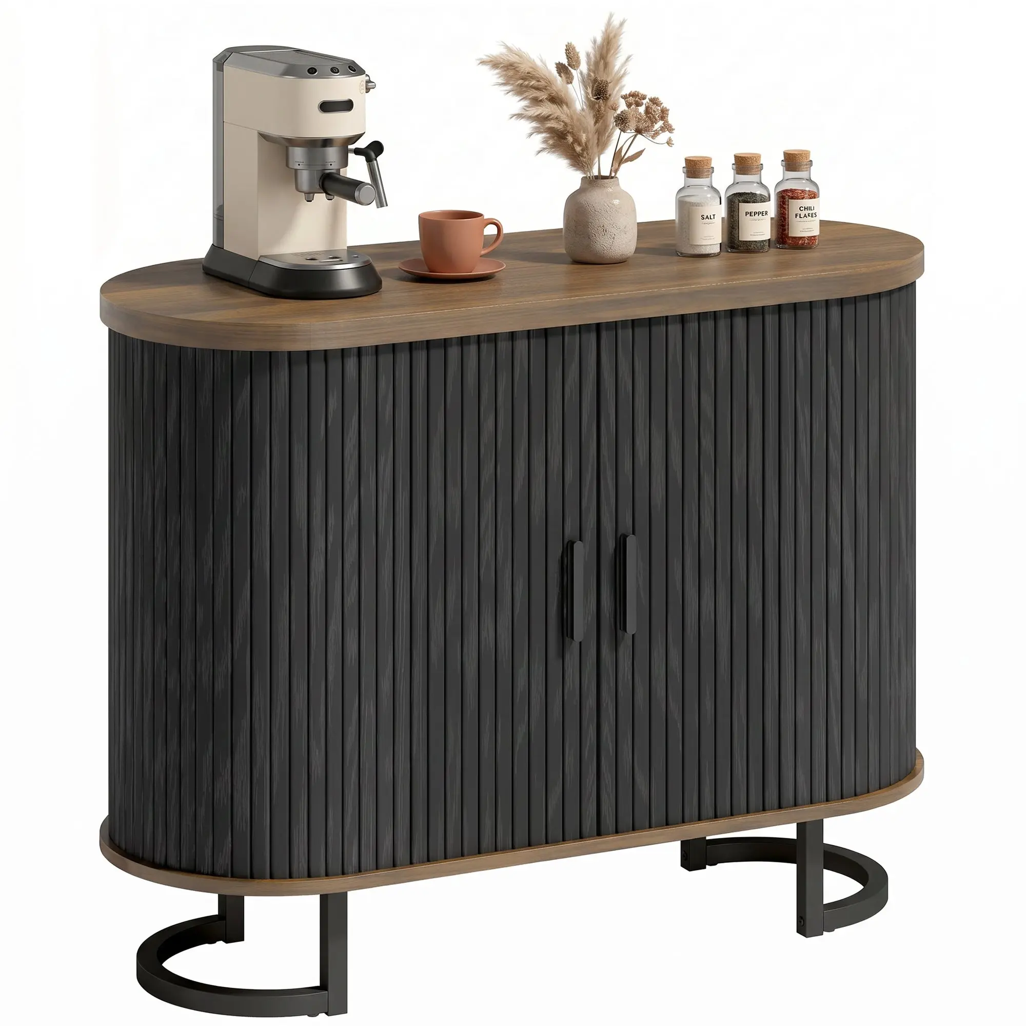 39.4" Coffee Bar Cabinet with Tambour Doors, Thick Top & Arc Legs, Brown & Black