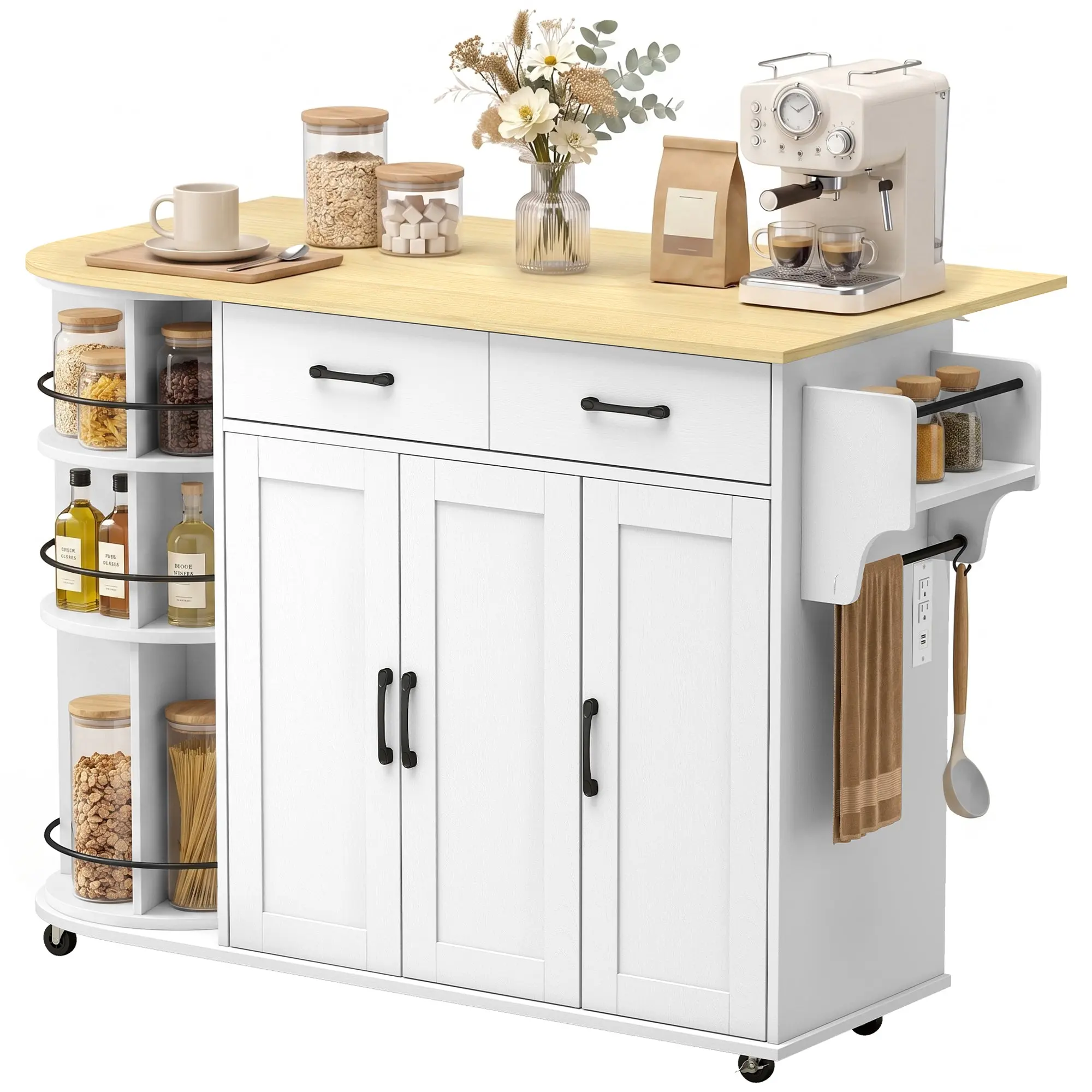 53" Kitchen Island with Power Outlet & Drop Leaf, Mobile Cart 360° Rack, White