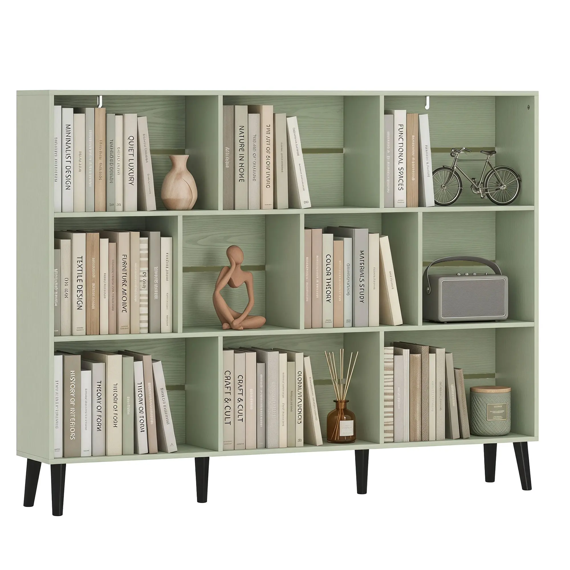 10-Cube Bookshelf with Solid Wood Legs, 140 cm Modern Freestanding Shelf in Light Green