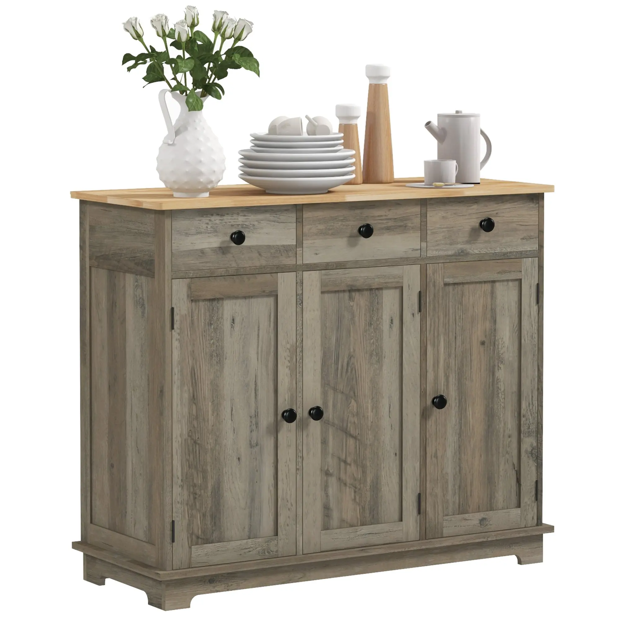 Sideboard Floor Cupboard, Solid Wood Top, Adjustable Shelf & 3 Drawers, Distressed Gray
