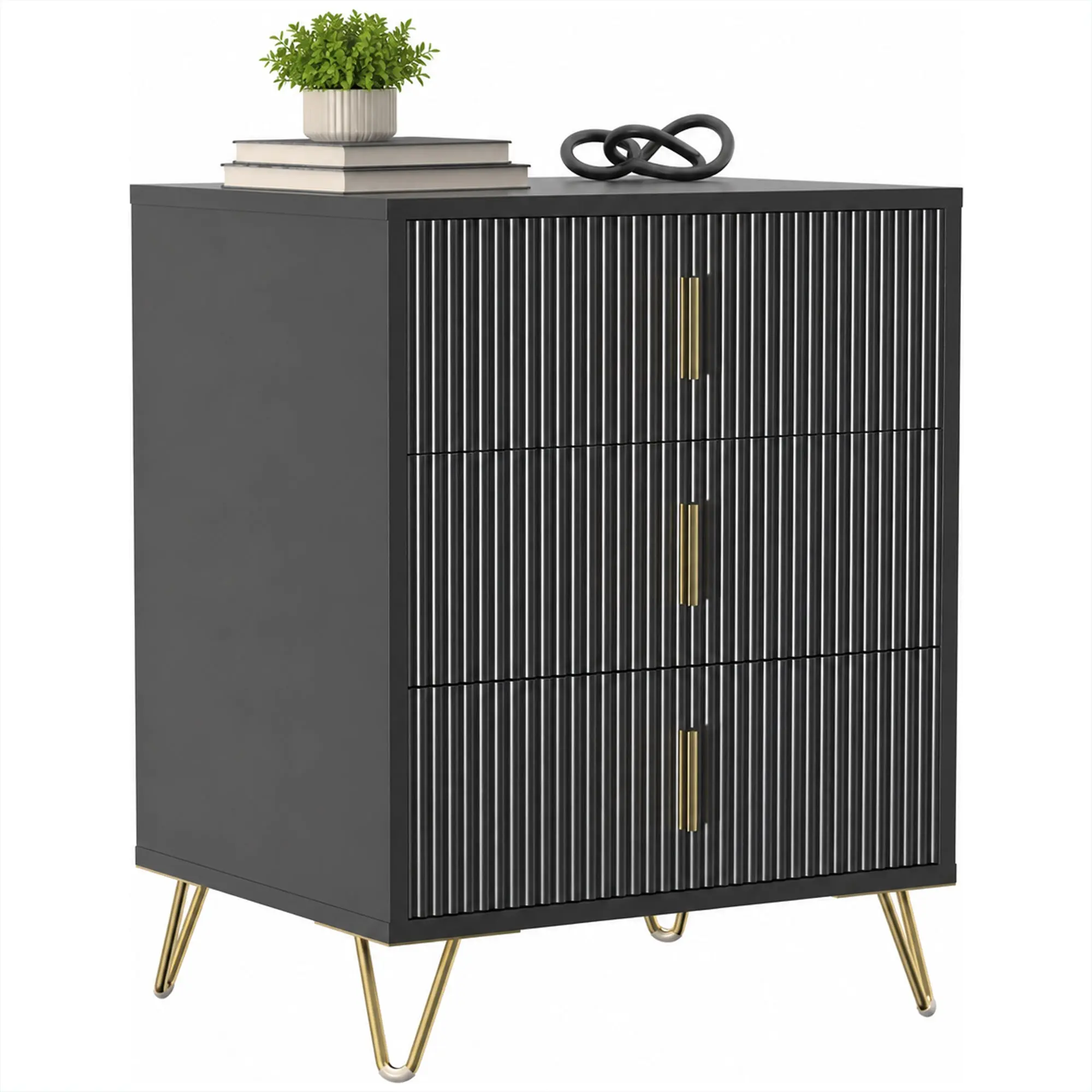 3-Drawer Fluted Dresser for Bedroom with Metal Legs and Steel Handles, Black
