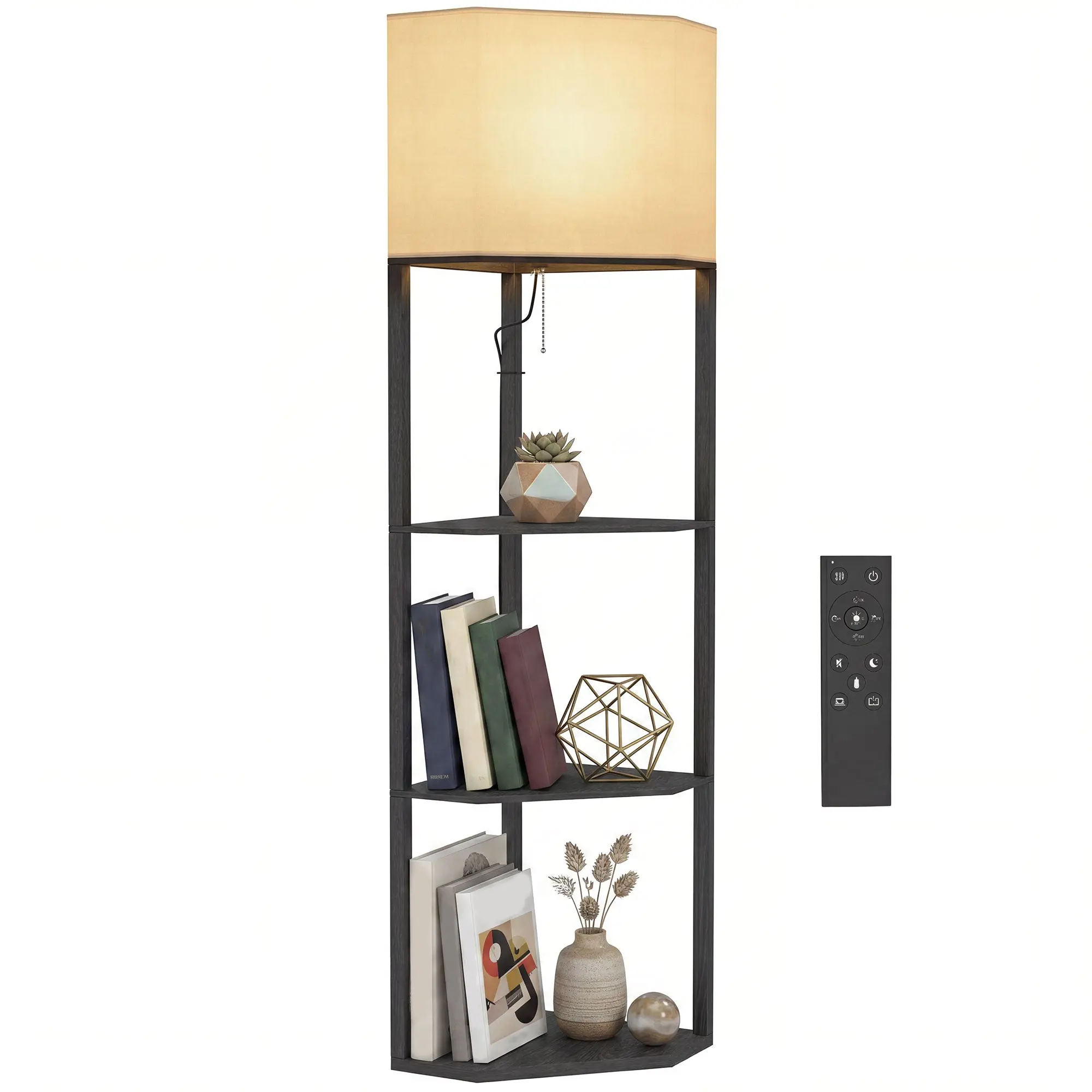 Corner Floor Lamp with Shelves, Dimmable 3-Temp LED, Remote & Chain Switch, Black