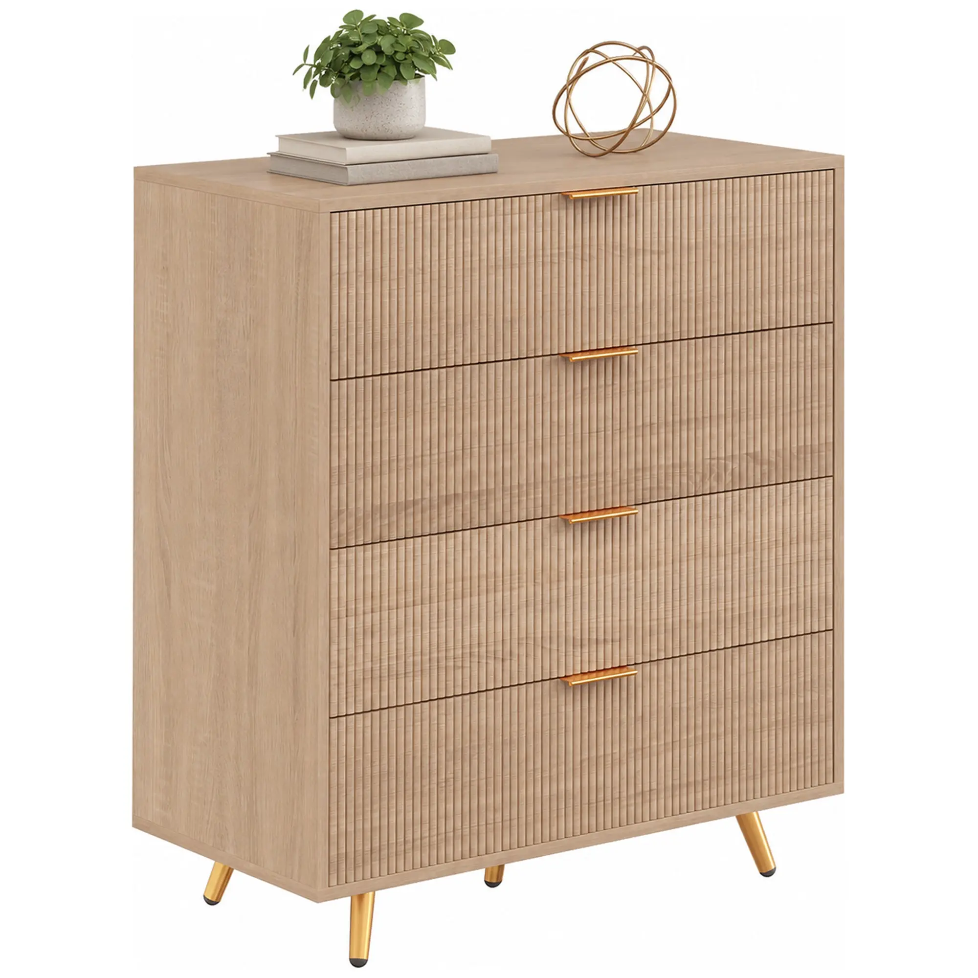 4-Drawer Chest with Fluted Front & Gold-Tone Handles for Bedroom, Natural