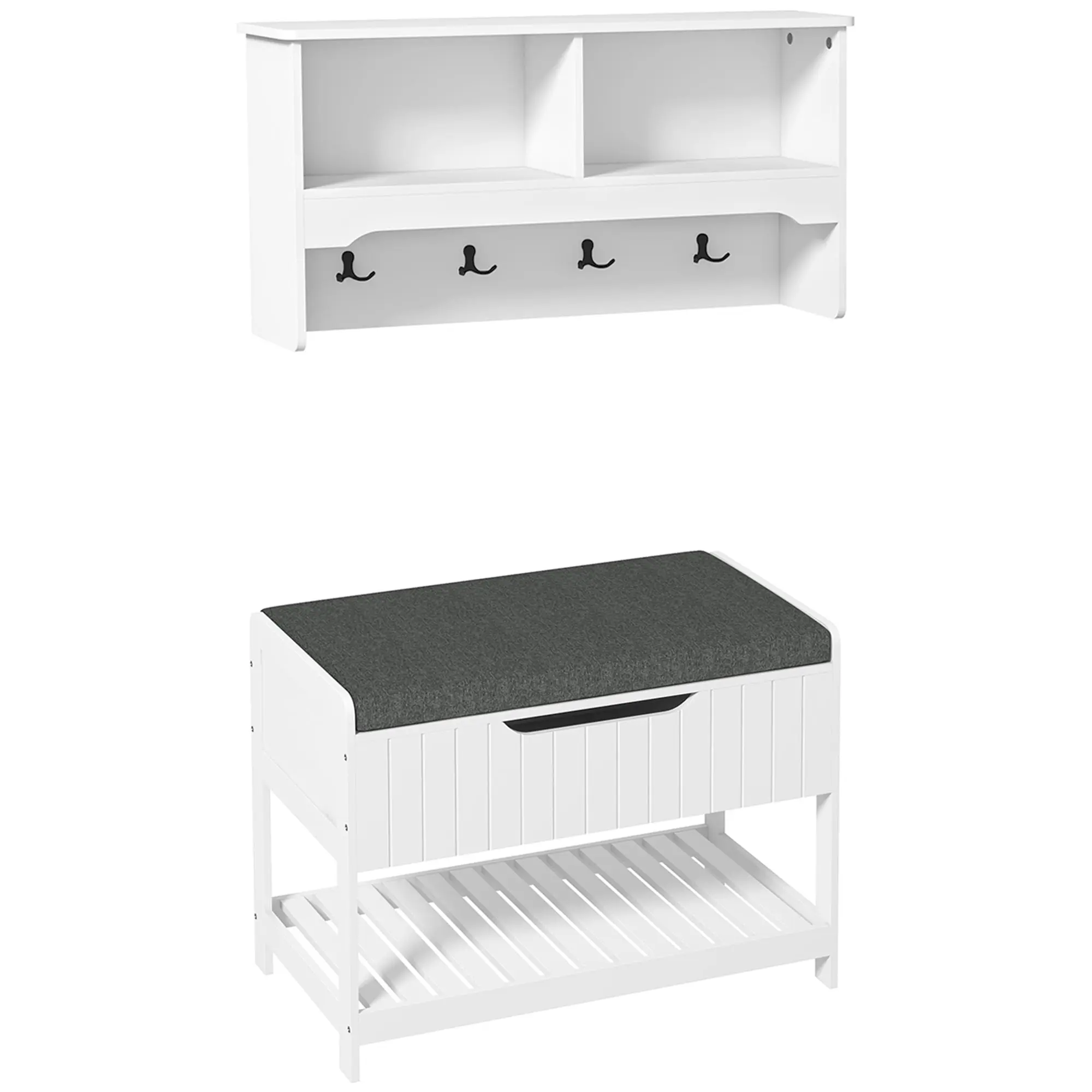 5-in-1 Hall Tree with 4 Double Hooks & Shelves, Coat Rack with Shoe Storage Bench, White