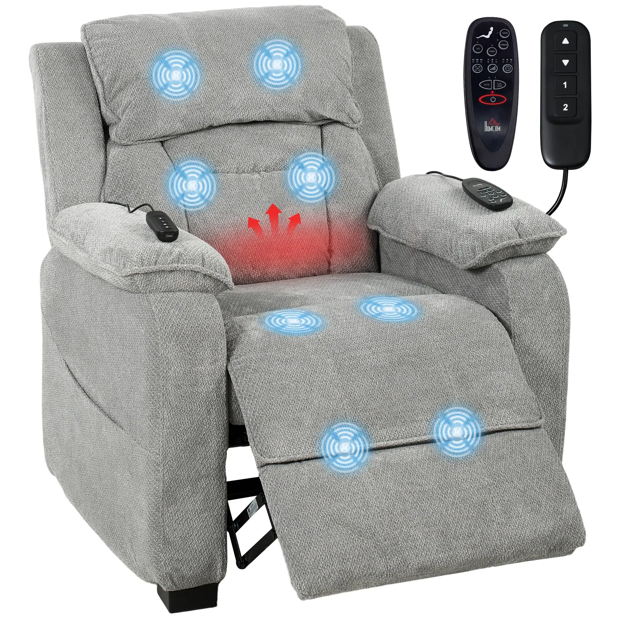 Power Recliner Armchair with Massage & Heat, Wide Spring Seat, Memory Function, USB Port & Side Pockets, Light Grey