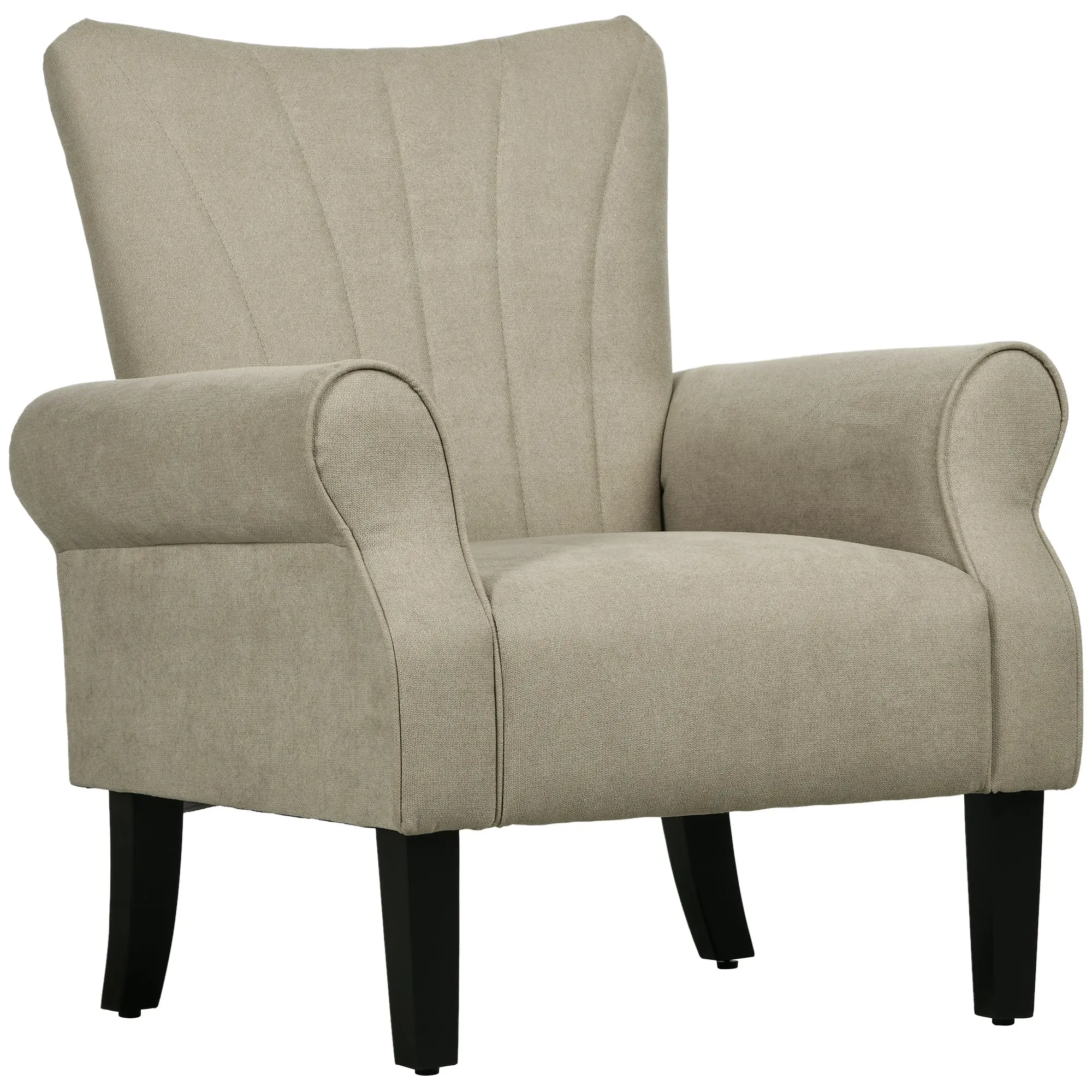 Modern Accent Chair with High Back, Rolled Arms and Wood Legs, Soft Thick Padded, Beige