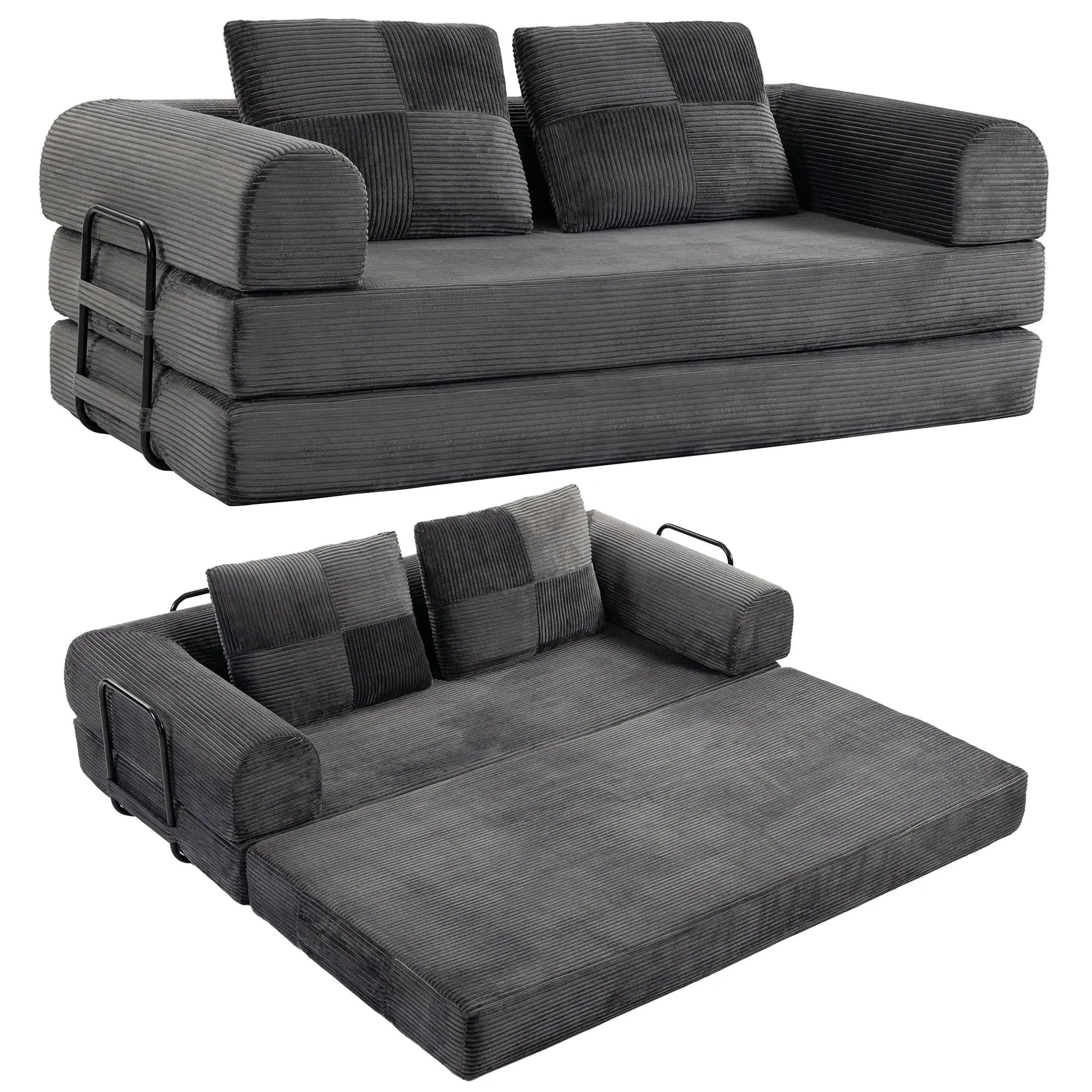 78.7" 5-in-1 Convertible Sofa Bed with Fixed-Shape Frame & 2 Pillows, Dark Grey