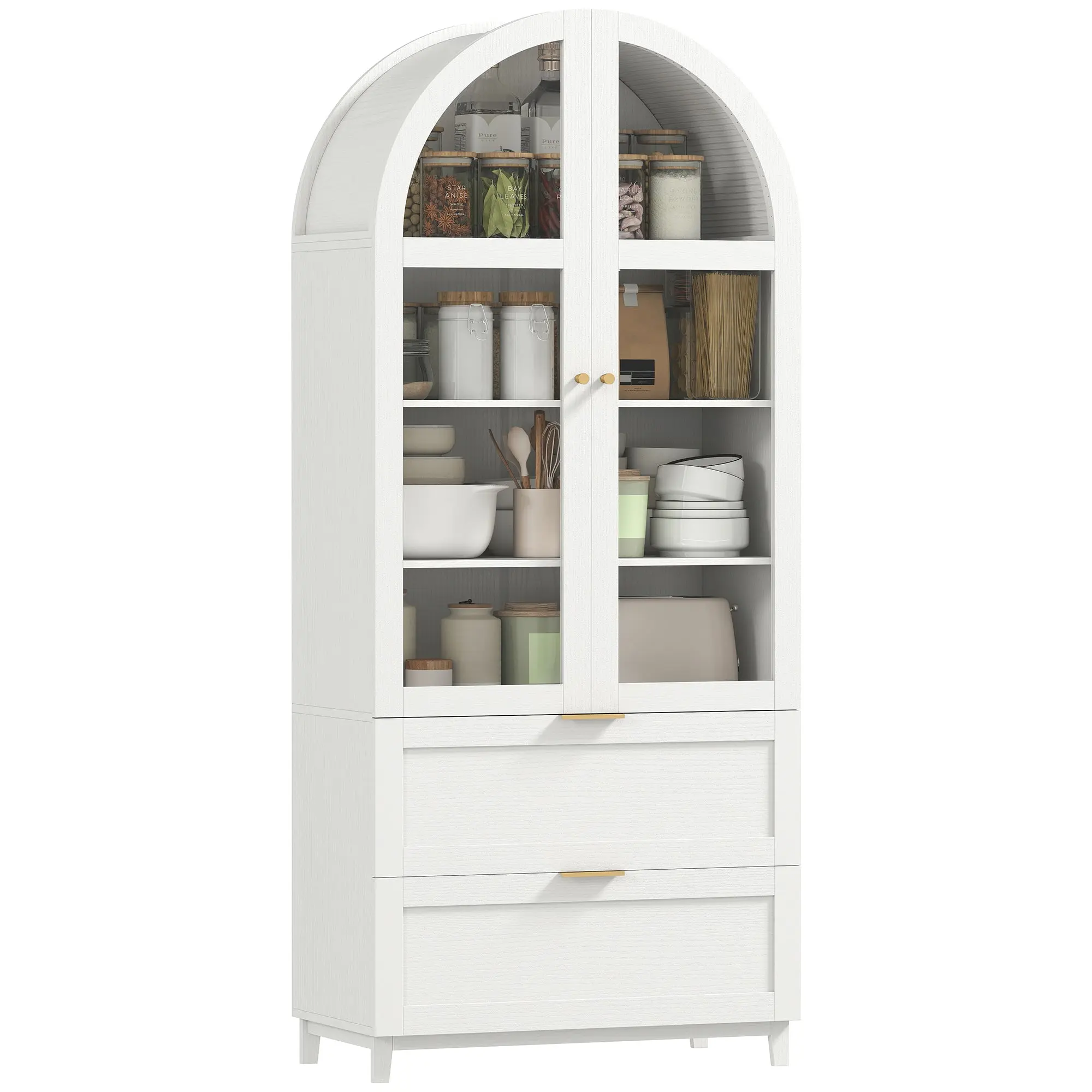 71" Tall Arched Kitchen Pantry Cabinet, Farmhouse Freestanding Kitchen Storage Cabinet, White