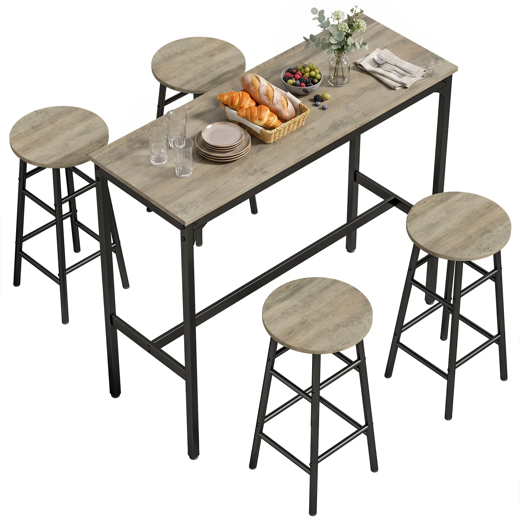 5-Piece Bar Table Set with 4 Stools for Small Spaces, Industrial Grey Wood Effect