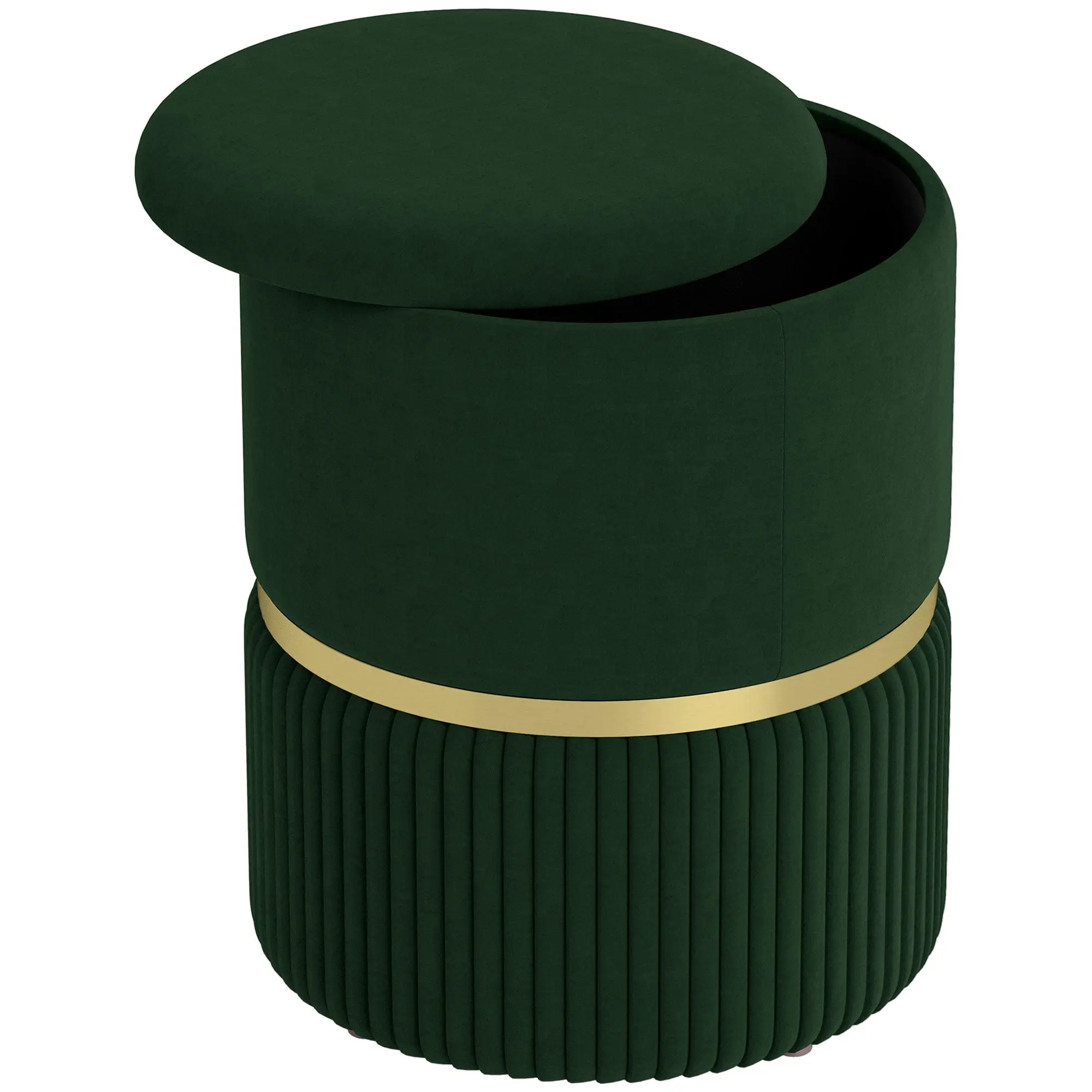 Round Velvet-Feel Storage Pouffe with Removable Top and Padded Seat, Dark Green